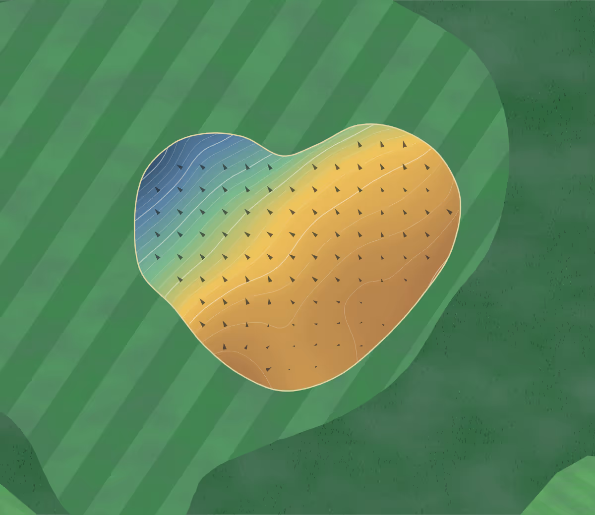 Green contour map of Reigate Heath in Reigate Heath, England — 102 elevation contours at a 8-centimeter interval with fall-line arrows, traced from 1-meter lidar