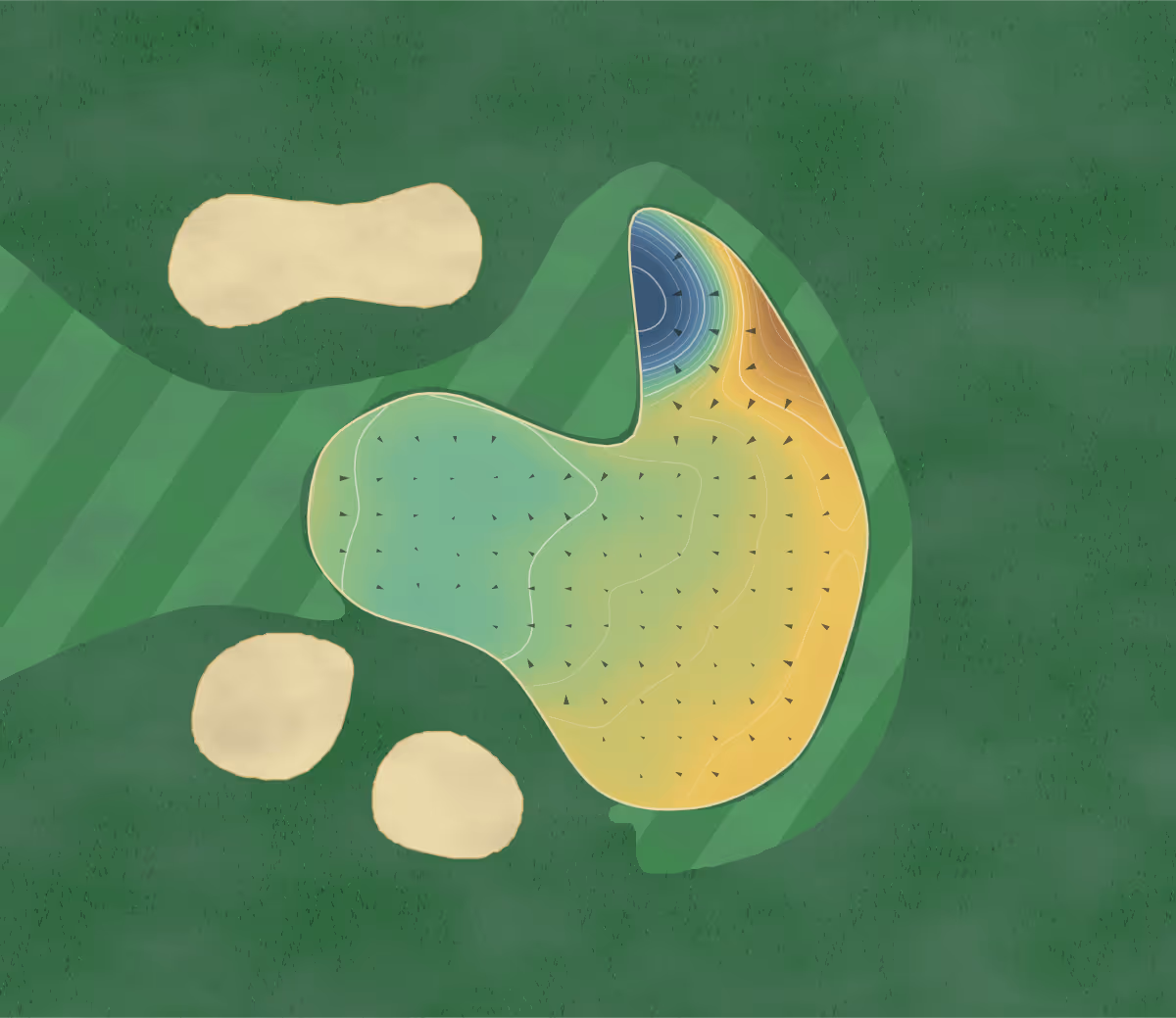 Green contour map of Reigate Hill in Reigate, England — 186 elevation contours at a 8-centimeter interval with fall-line arrows, traced from 1-meter lidar