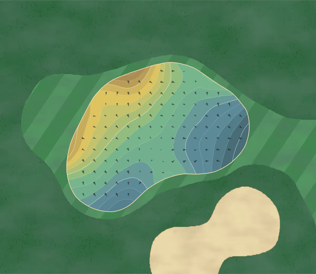 Green contour map of Remedy Oak in Woodlands, England — 226 elevation contours at a 8-centimeter interval with fall-line arrows, traced from 1-meter lidar