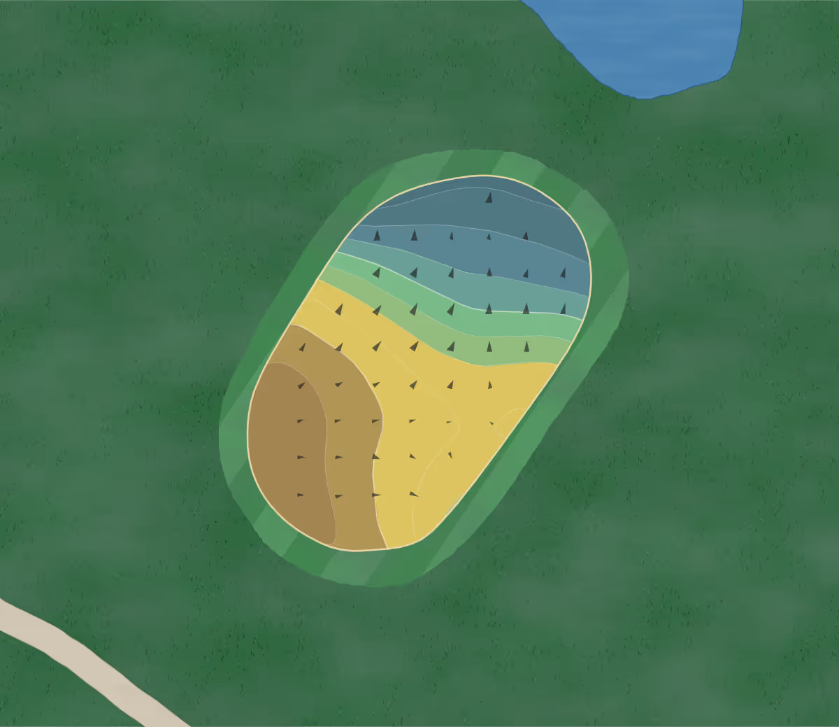 Green contour map of Rendezvous Meadows in Pinedale, Wyoming — 77 elevation contours at a 3-inch interval with fall-line arrows, traced from 1-meter lidar