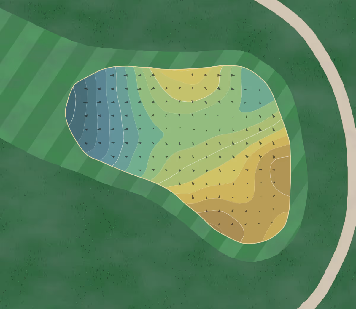 Green contour map of Renwood in Round Lake, Illinois — 169 elevation contours at a 3-inch interval with fall-line arrows, traced from 1-meter lidar
