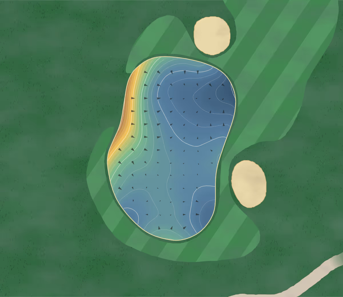 Green contour map of Reserve at Lake in Sunset, South Carolina — 224 elevation contours at a 3-inch interval with fall-line arrows, traced from 1-meter lidar