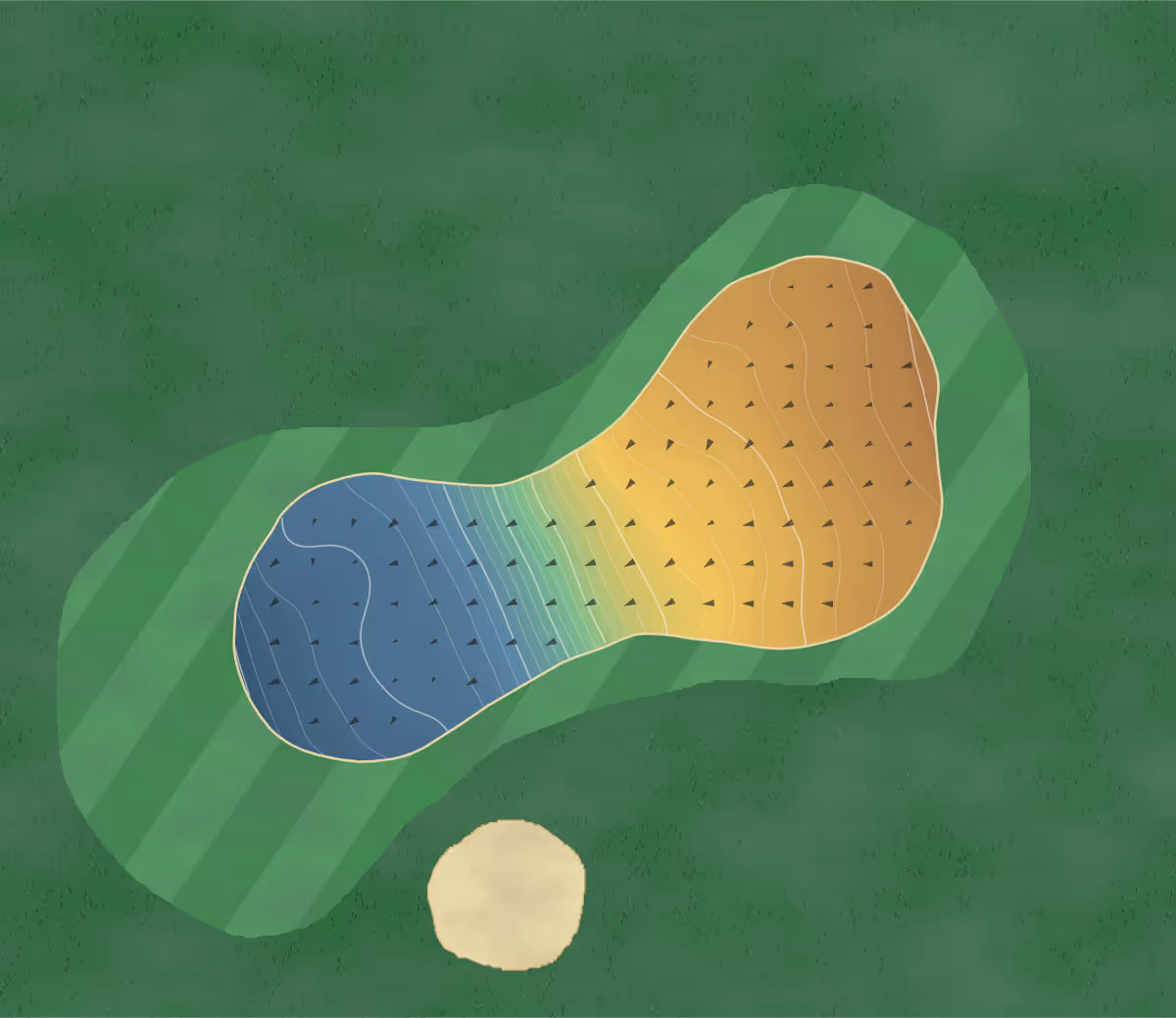 Green contour map of Retford in Retford, England — 145 elevation contours at a 8-centimeter interval with fall-line arrows, traced from 1-meter lidar