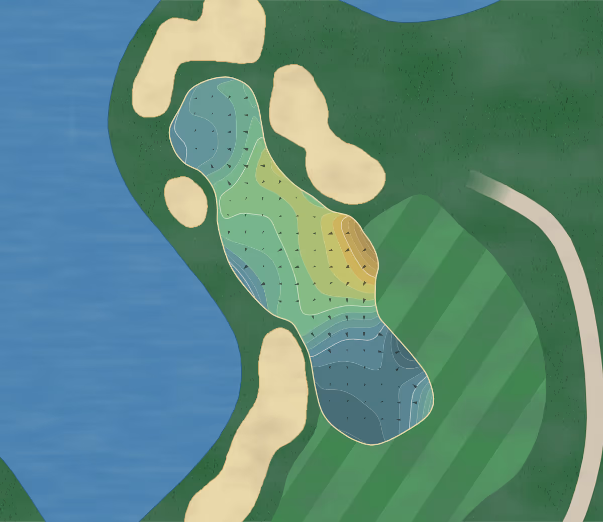 Green contour map of Reynolds Lake in Greensboro, Georgia — 239 elevation contours at a 3-inch interval with fall-line arrows, traced from 1-meter lidar