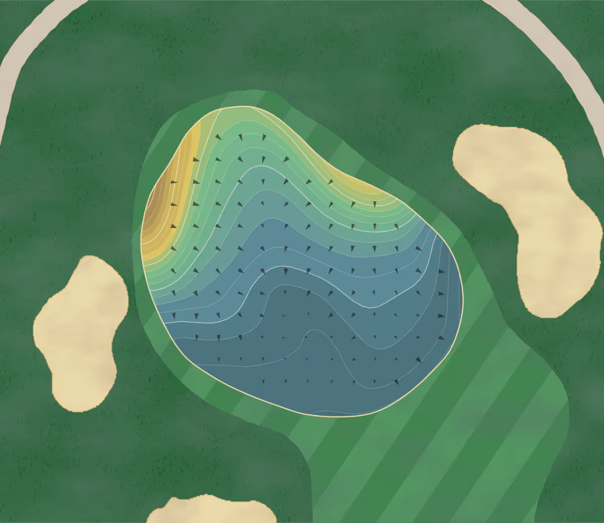 Green contour map of Rhode Island CC in Barrington, Rhode Island — 287 elevation contours at a 3-inch interval with fall-line arrows, traced from 1-meter lidar