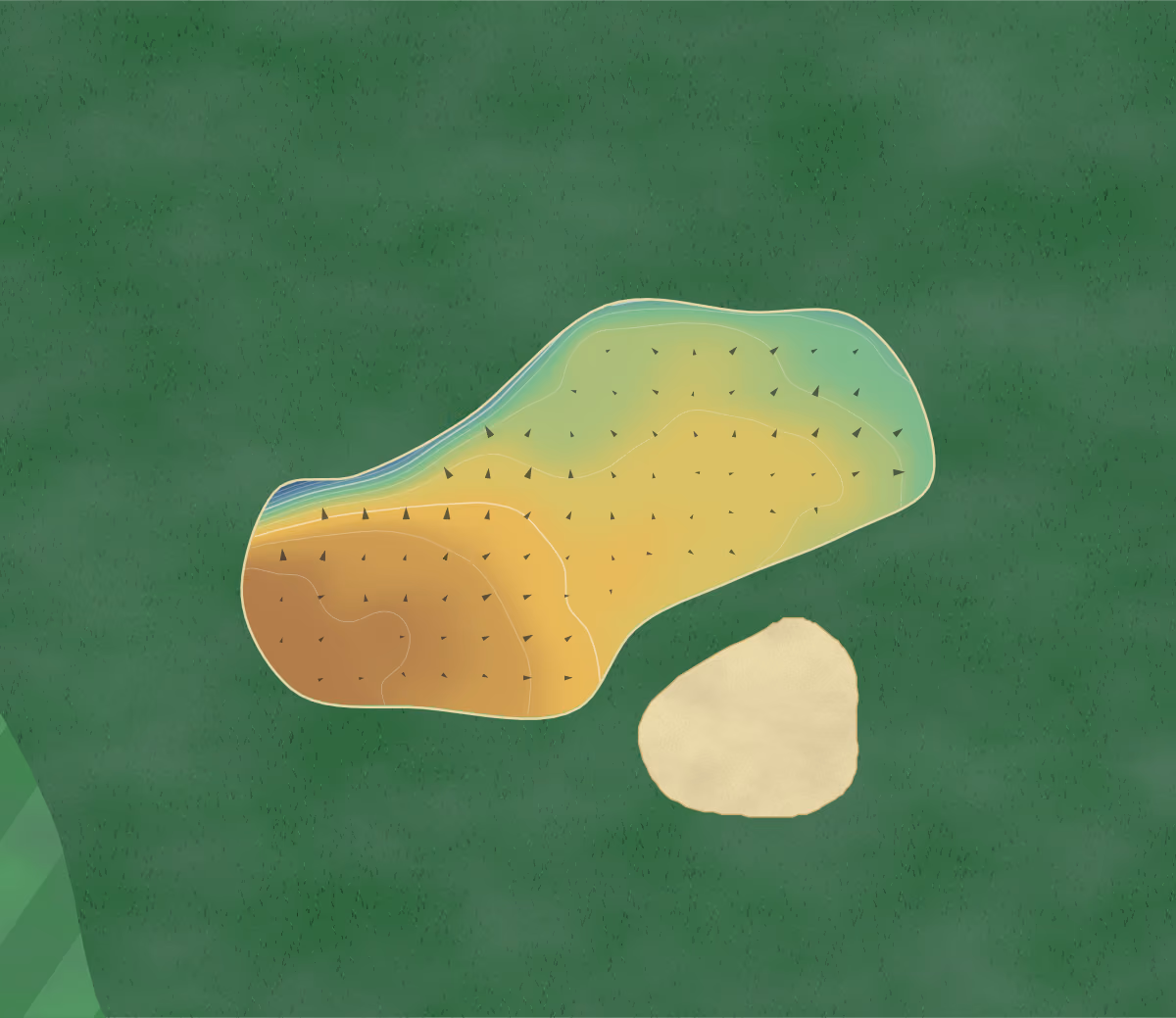 Green contour map of Rhos on Sea in Llandudno, Wales: 52 elevation contours at a 8-centimeter interval with fall-line arrows, traced from 1-meter lidar