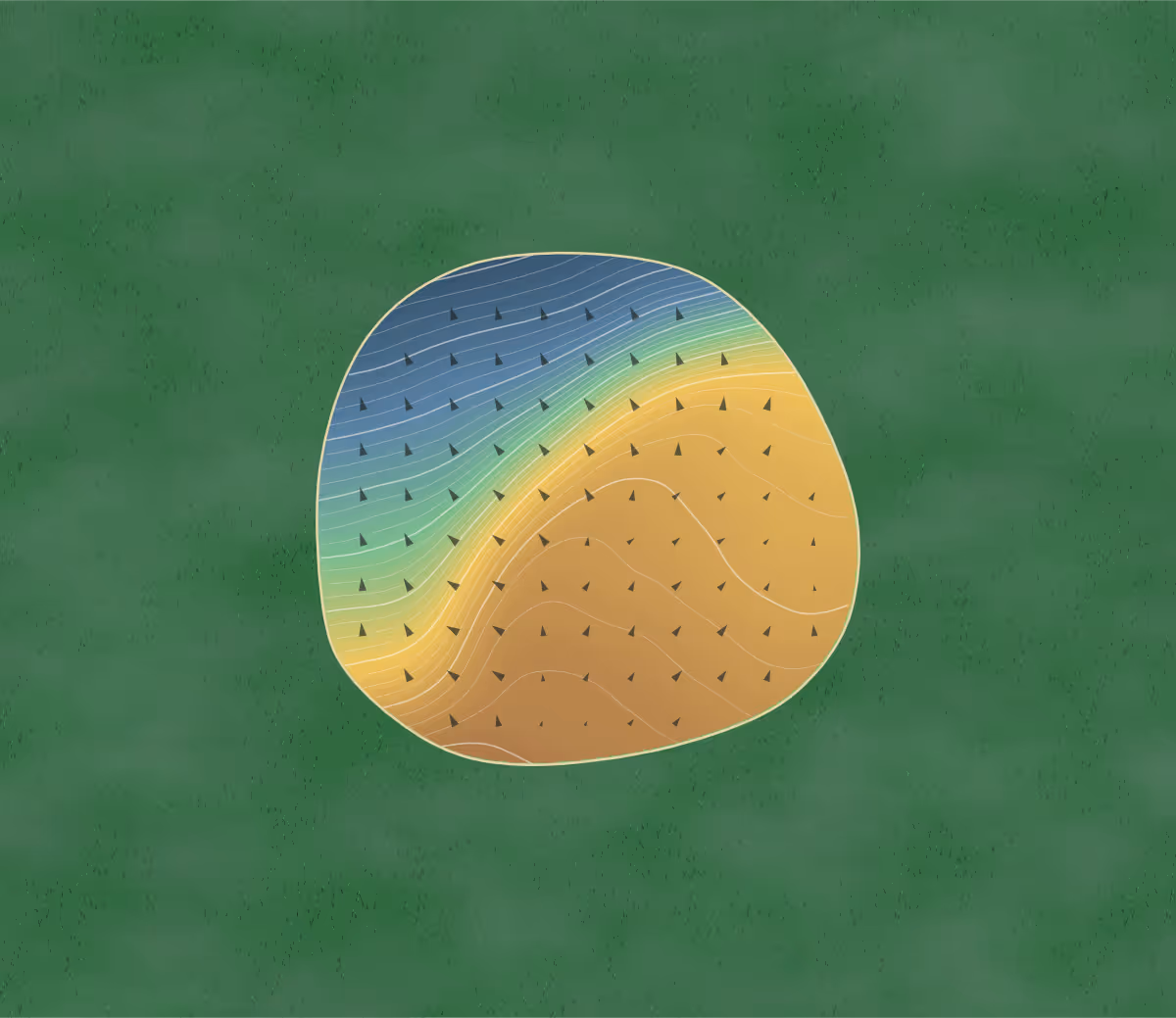 Green contour map of Rhosgoch Golf and Leisure Club in Powys, United Kingdom: 87 elevation contours at a 8-centimeter interval with fall-line arrows, traced from 1-meter lidar