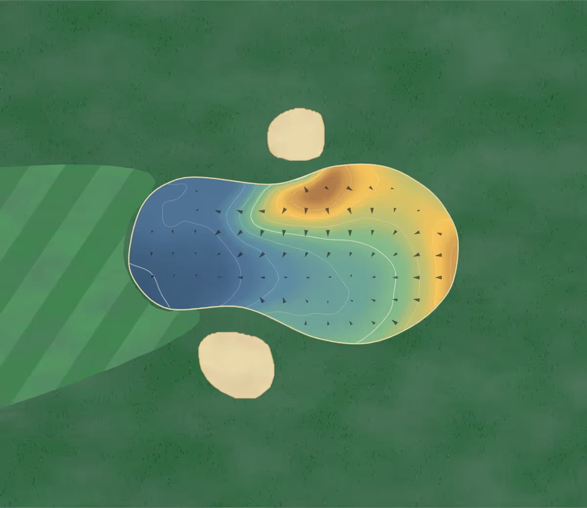 Green contour map of Rhyl in Rhyl, United Kingdom — 33 elevation contours at a 8-centimeter interval with fall-line arrows, traced from 1-meter lidar
