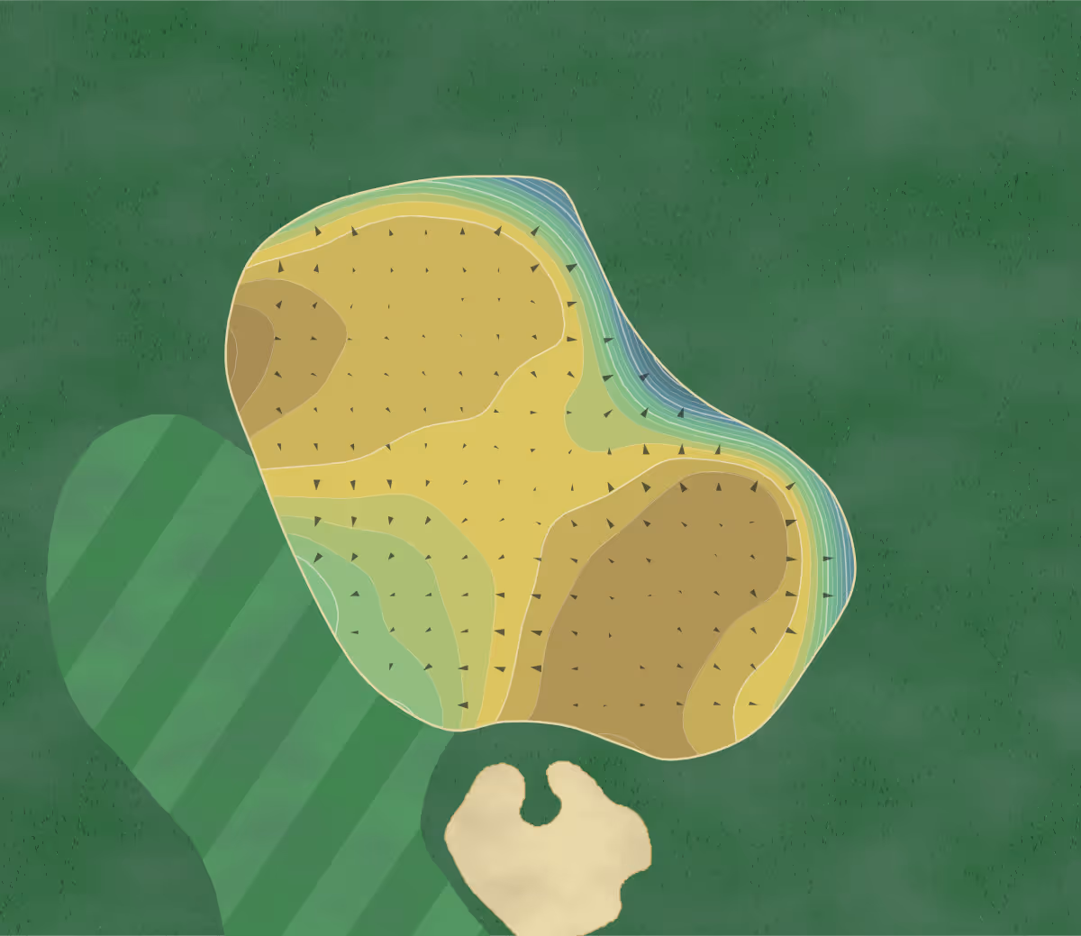Green contour map of Rich Harvest Farms in Sugar Grove, Illinois — 250 elevation contours at a 3-inch interval with fall-line arrows, traced from 1-meter lidar