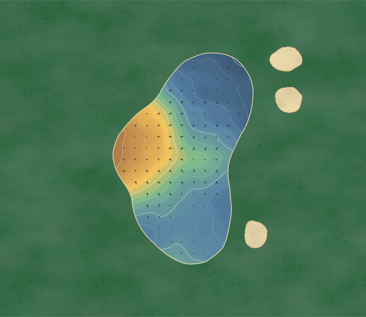 Green contour map of Rich River in Moama, Australia — 182 elevation contours at a 8-centimeter interval with fall-line arrows, traced from 1-meter lidar
