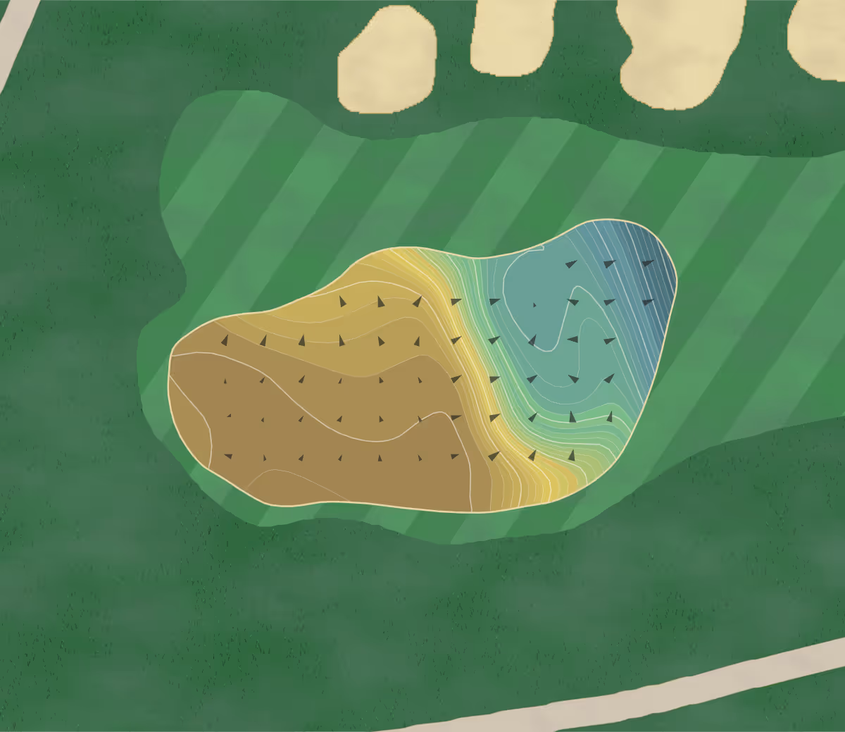 Green contour map of Richland CC in Nashville, Tennessee — 234 elevation contours at a 3-inch interval with fall-line arrows, traced from 1-meter lidar