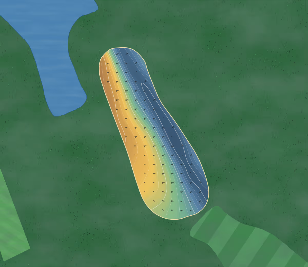 Green contour map of Richmond Centennial Golf Club in Richmond, Canada — 234 elevation contours at a 8-centimeter interval with fall-line arrows, traced from 1-meter lidar