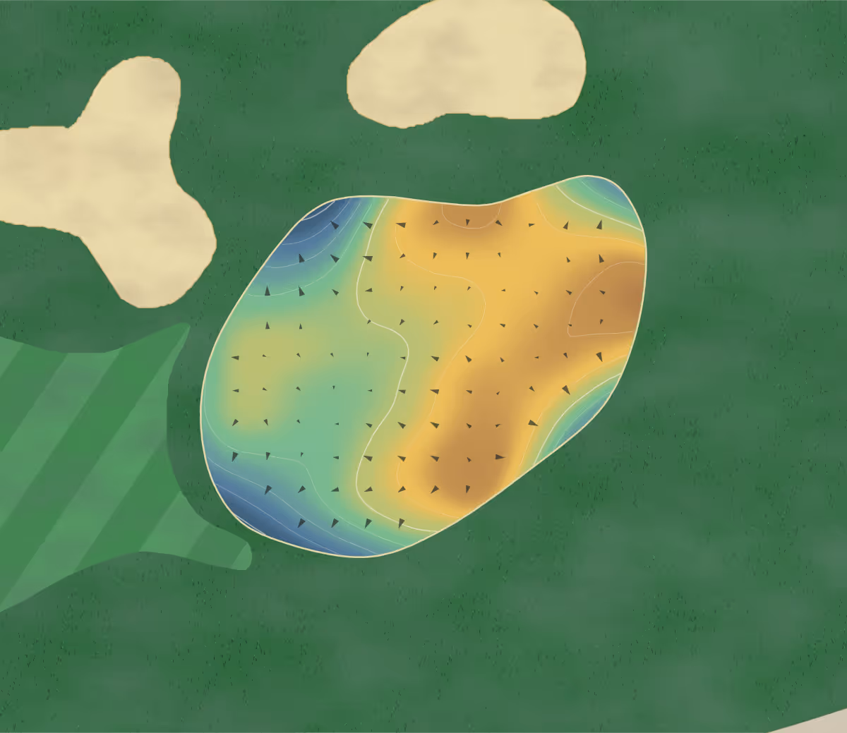 Green contour map of Richmond CC in Richmond, Canada: 112 elevation contours at a 8-centimeter interval with fall-line arrows, traced from 1-meter lidar