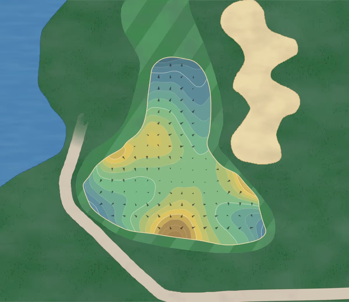 Green contour map of Richmond Forest Gc in Lenox, Michigan — 255 elevation contours at a 3-inch interval with fall-line arrows, traced from 1-meter lidar