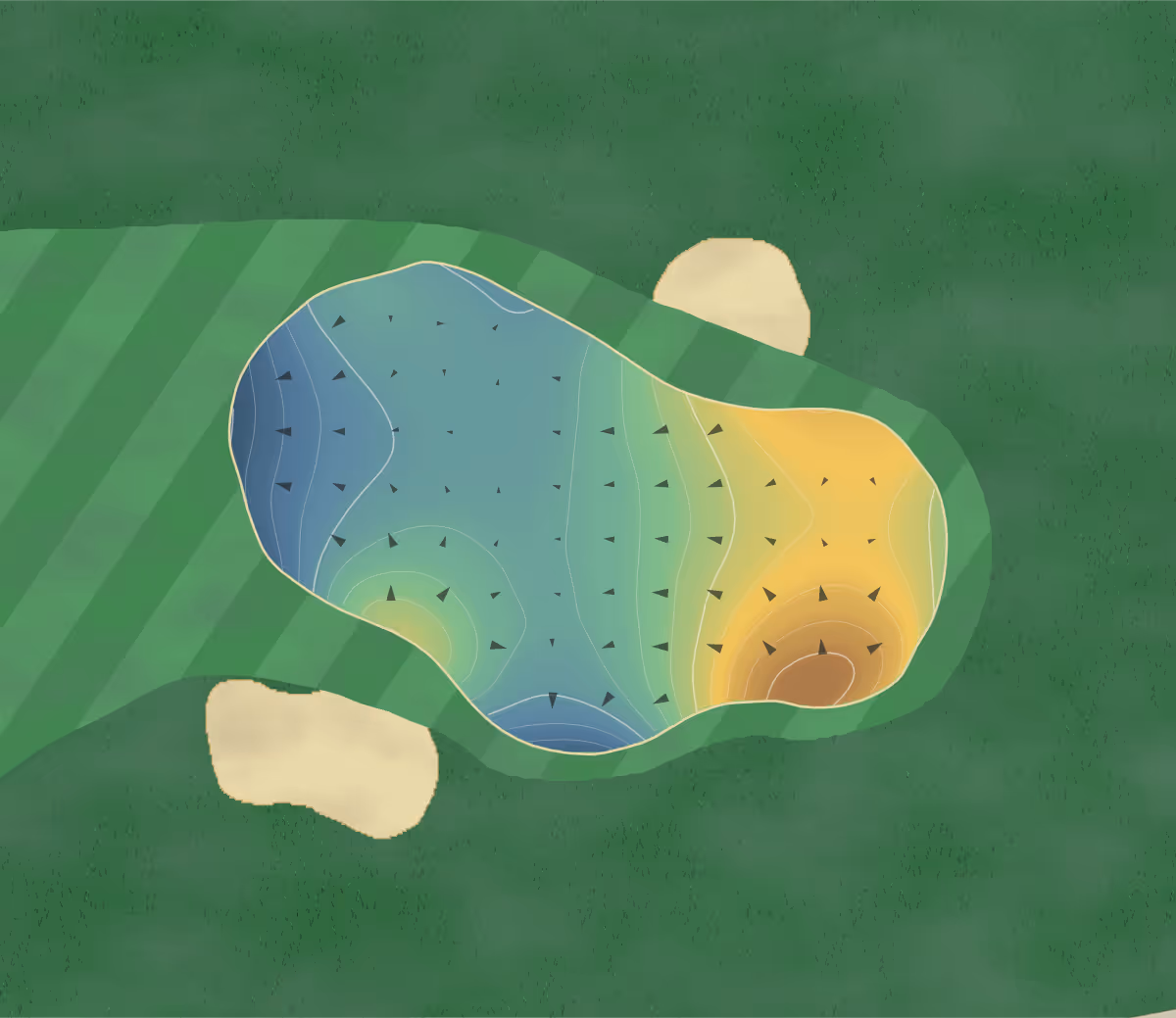 Green contour map of Richmond in Richmond, Australia — 141 elevation contours at a 8-centimeter interval with fall-line arrows, traced from 1-meter lidar