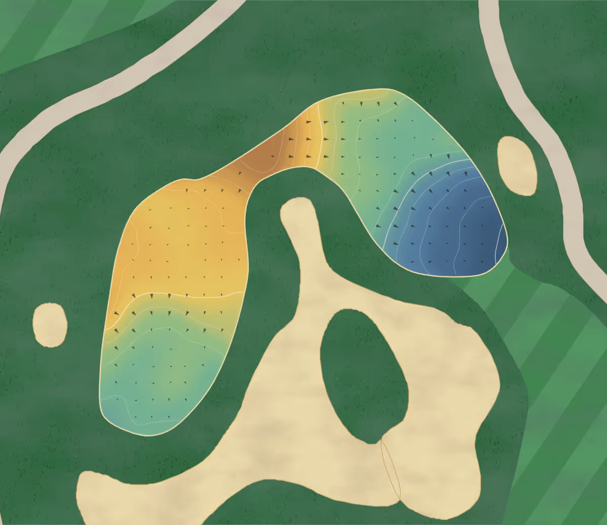 Green contour map of Richmond Hill in Richmond Hill, Canada — 102 elevation contours at a 8-centimeter interval with fall-line arrows, traced from 1-meter lidar