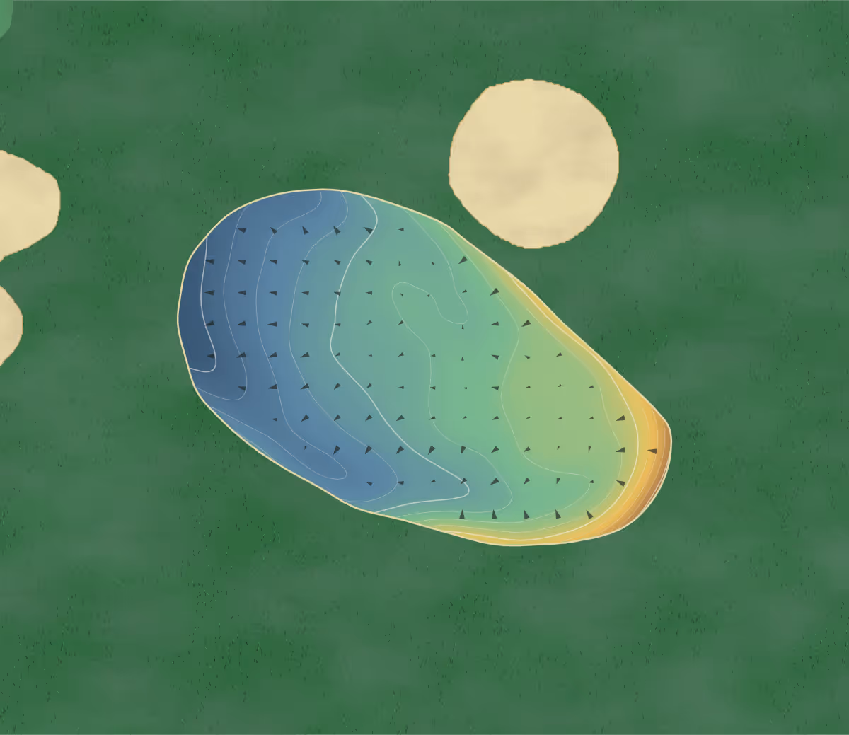 Green contour map of Richmond Park Golf Course (1013718) Dukes in Greater London Authority, England — 242 elevation contours at a 8-centimeter interval with fall-line arrows, traced from 1-meter lidar