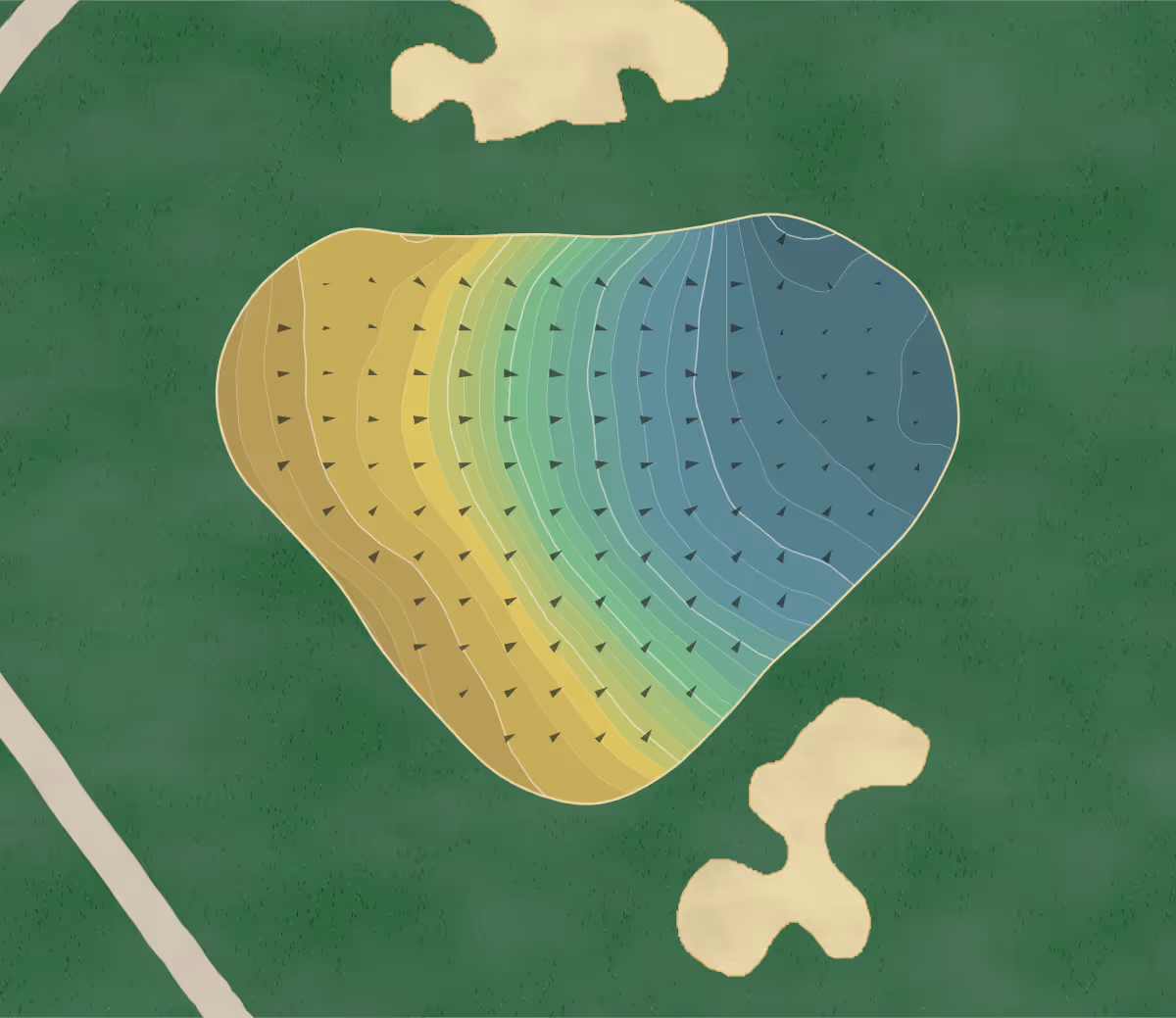 Green contour map of Richter Park in Danbury, Connecticut — 283 elevation contours at a 3-inch interval with fall-line arrows, traced from 1-meter lidar