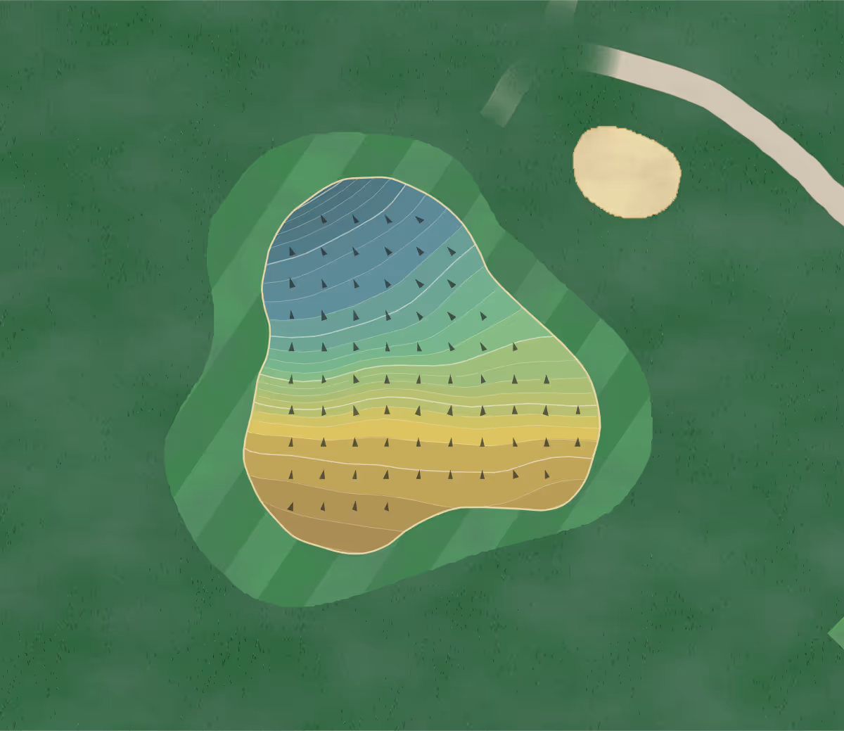 Green contour map of Rickmansworth GC in Rickmansworth, England — 252 elevation contours at a 8-centimeter interval with fall-line arrows, traced from 1-meter lidar