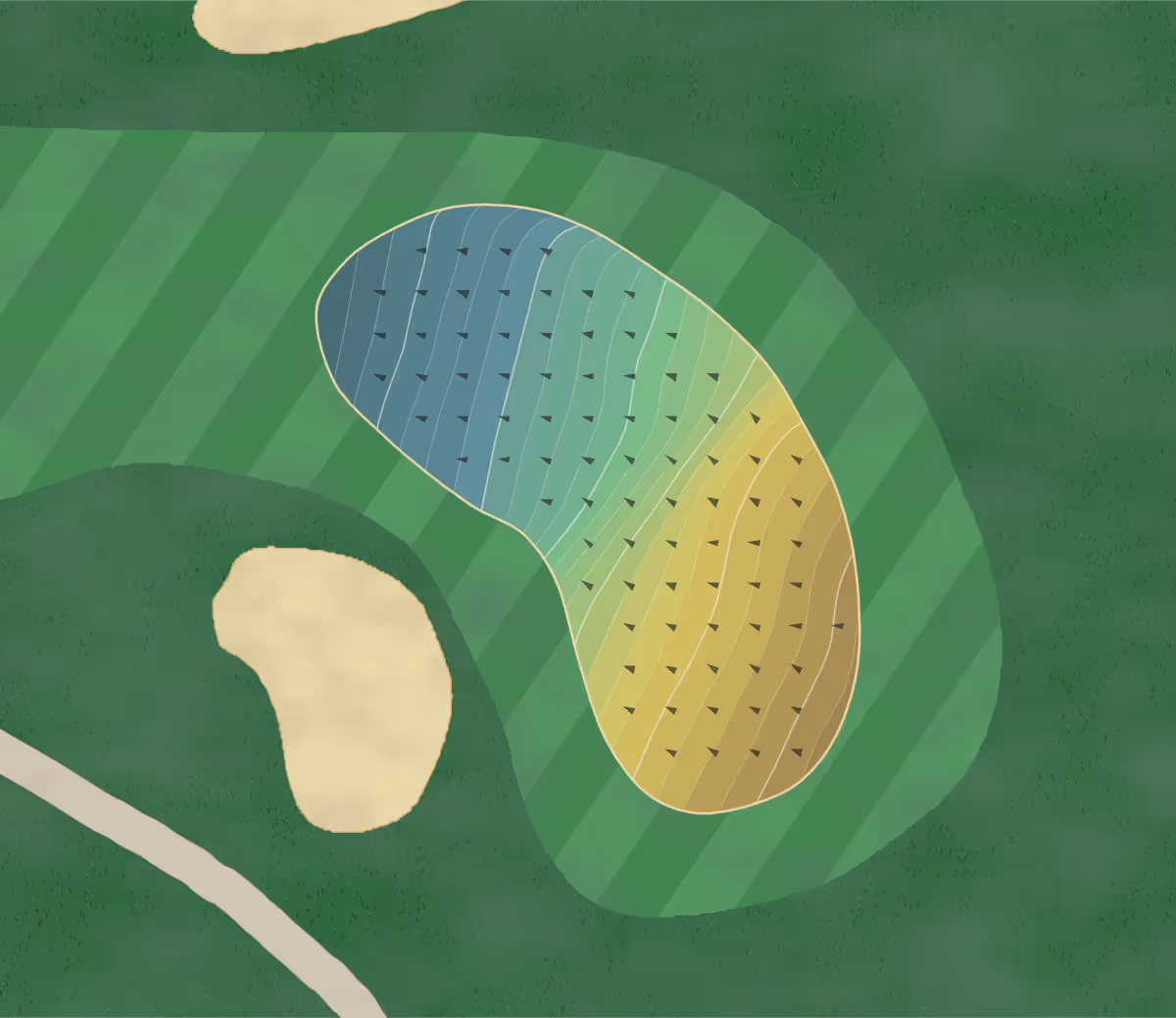 Green contour map of Ridge CC in Gilford, New Hampshire — 223 elevation contours at a 3-inch interval with fall-line arrows, traced from 1-meter lidar