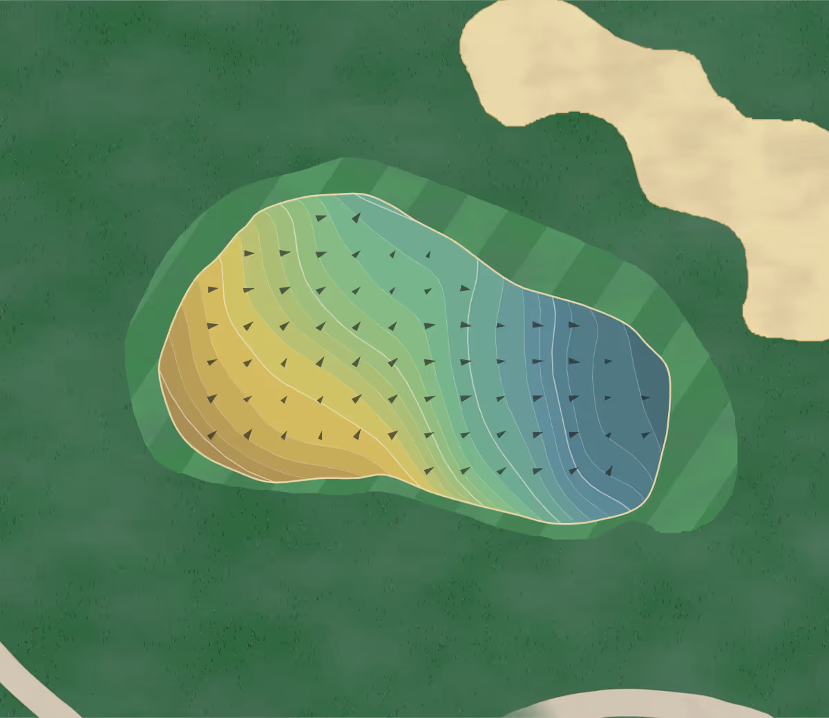Green contour map of Ridgepointe CC in Jonesboro, Arkansas — 266 elevation contours at a 3-inch interval with fall-line arrows, traced from 1-meter lidar