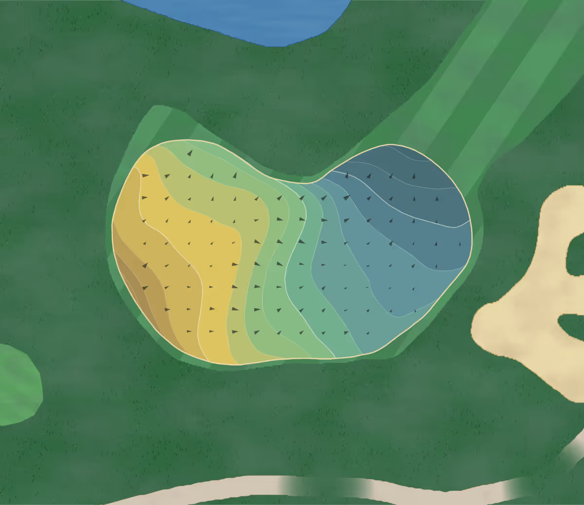 Green contour map of Ridges at Sand Creek in Jordan, Minnesota — 218 elevation contours at a 3-inch interval with fall-line arrows, traced from 1-meter lidar