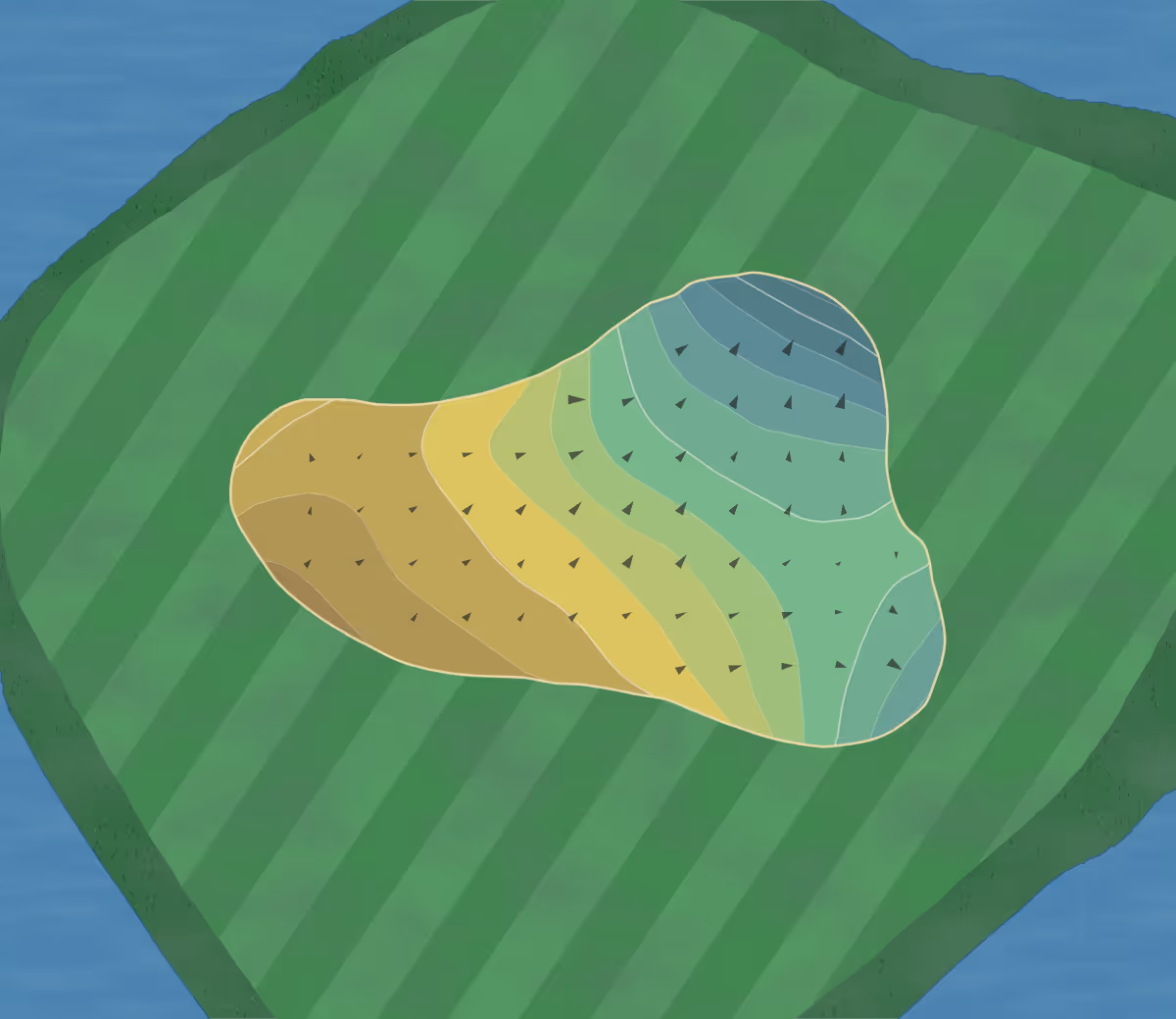 Green contour map of Ridgeway CC in Memphis, Tennessee — 188 elevation contours at a 3-inch interval with fall-line arrows, traced from 1-meter lidar