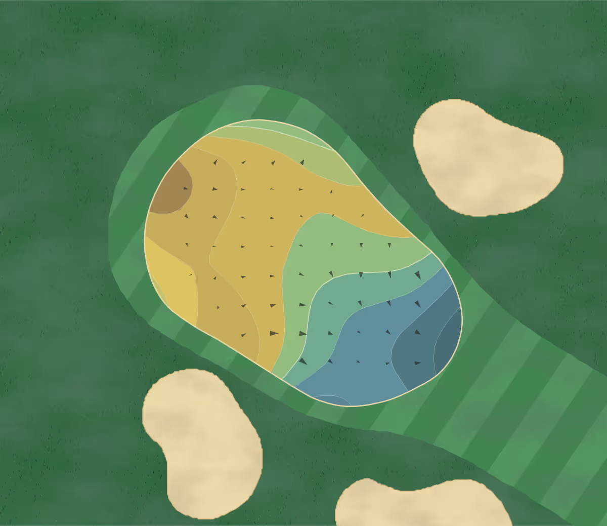 Green contour map of Ridglea Championship in Fort Worth, Texas — 107 elevation contours at a 3-inch interval with fall-line arrows, traced from 1-meter lidar