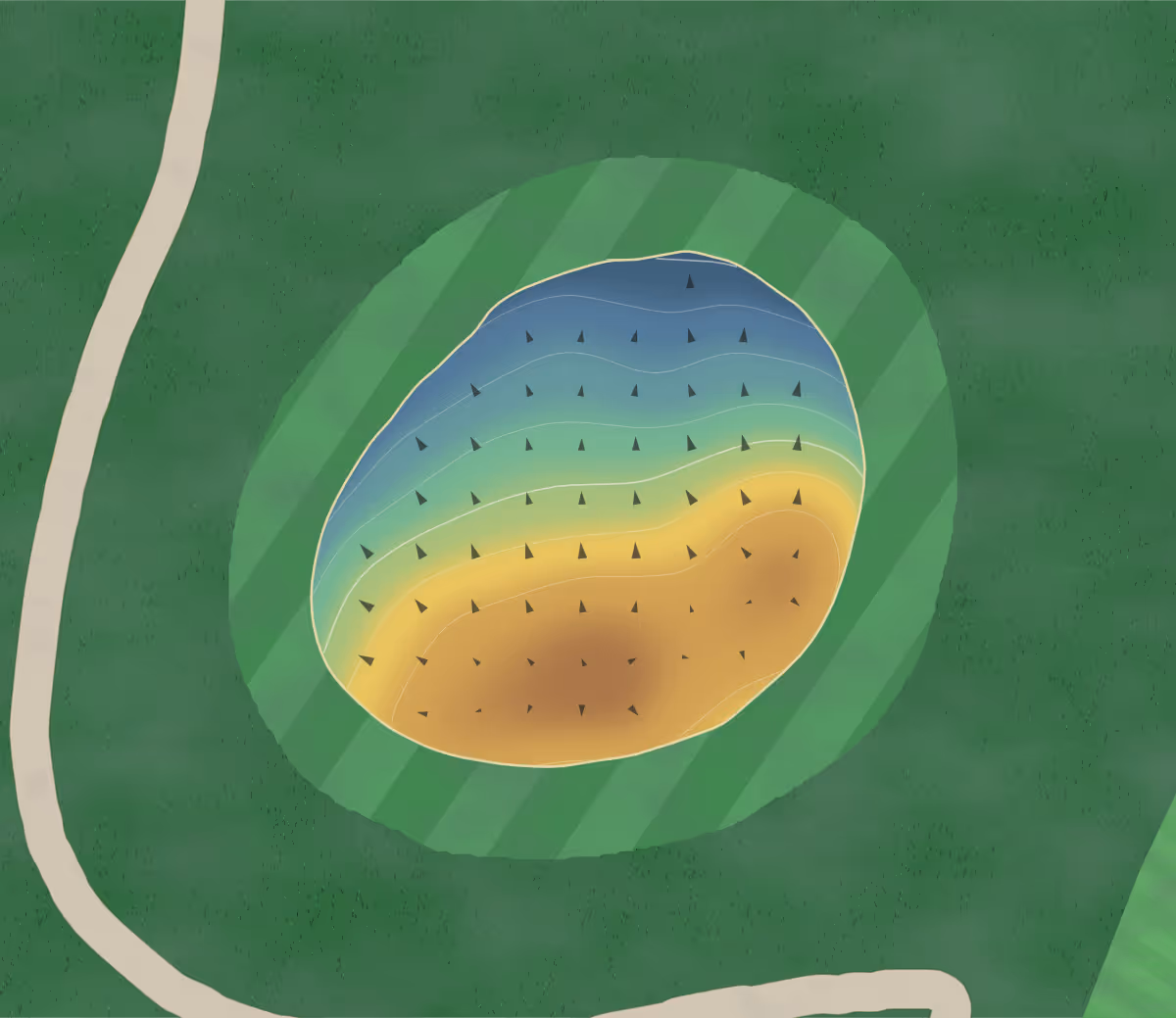 Green contour map of River Bend Municipal in Story City, Iowa: 58 elevation contours at a 3-inch interval with fall-line arrows, traced from 1-meter lidar