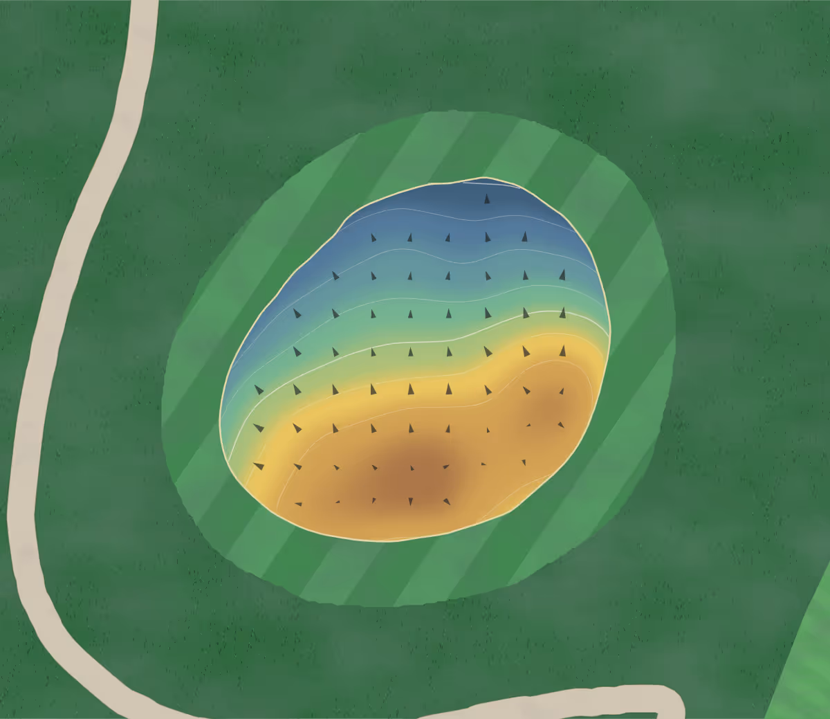 Green contour map of River Bend Municipal in Iowa, United States — 58 elevation contours at a 3-inch interval with fall-line arrows, traced from 1-meter lidar