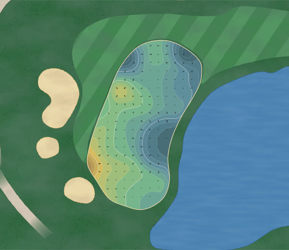 Green contour map of River Creek in Leesburg, Virginia — 218 elevation contours at a 3-inch interval with fall-line arrows, traced from 1-meter lidar