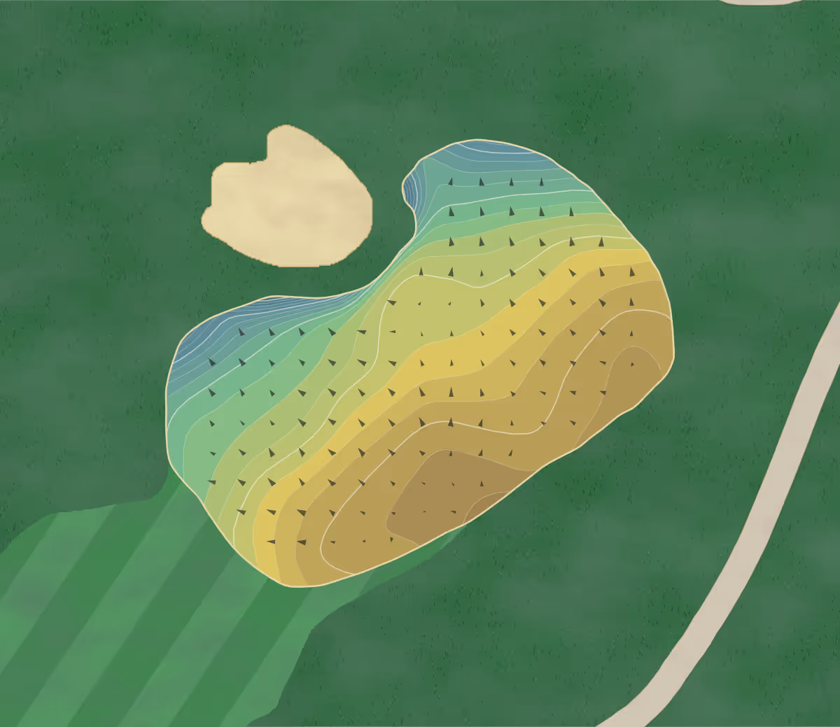 Green contour map of River Downs in Finksburg, Maryland — 184 elevation contours at a 3-inch interval with fall-line arrows, traced from 1-meter lidar