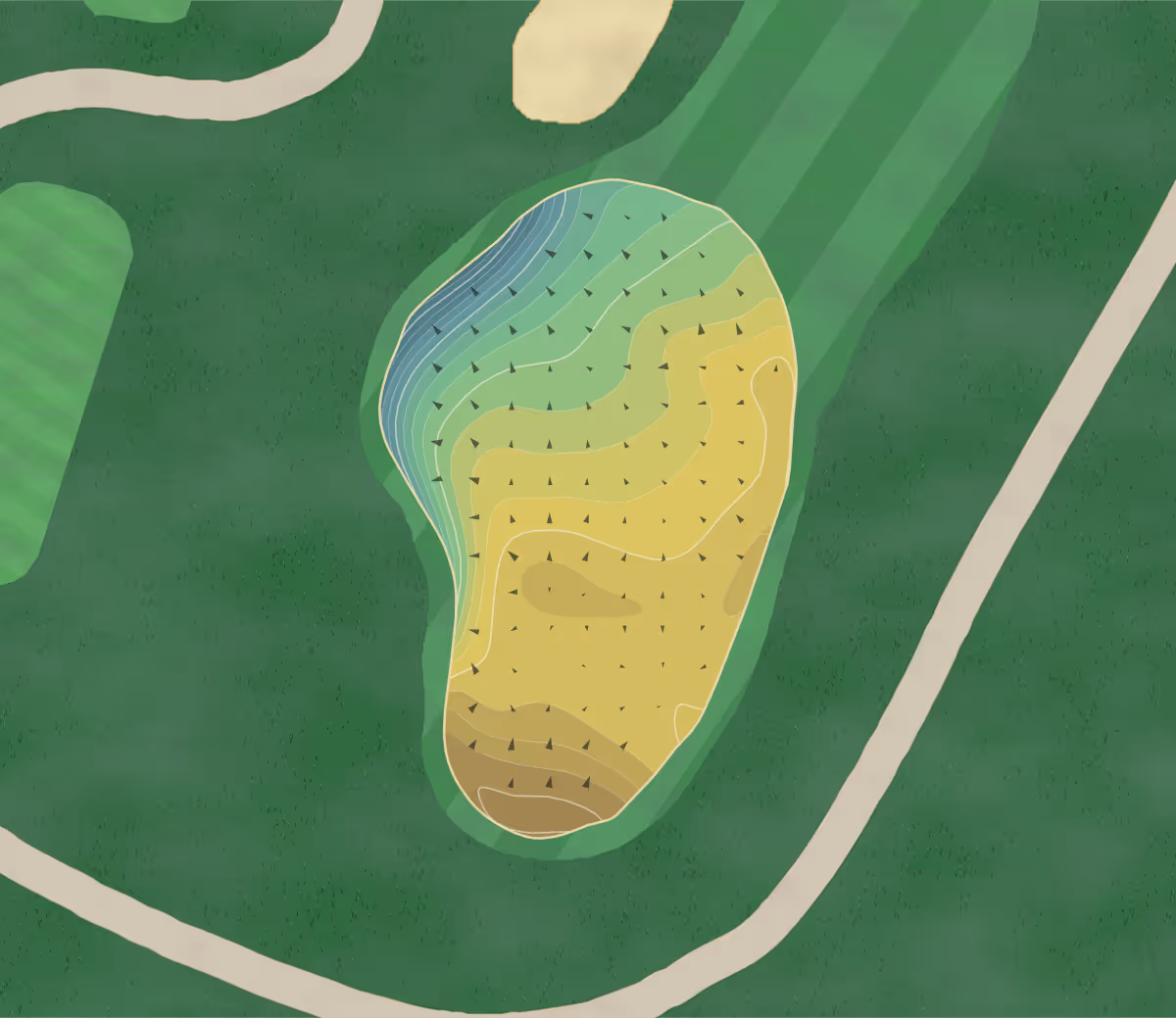 Green contour map of River Glen in Fishers, Indiana — 215 elevation contours at a 3-inch interval with fall-line arrows, traced from 1-meter lidar