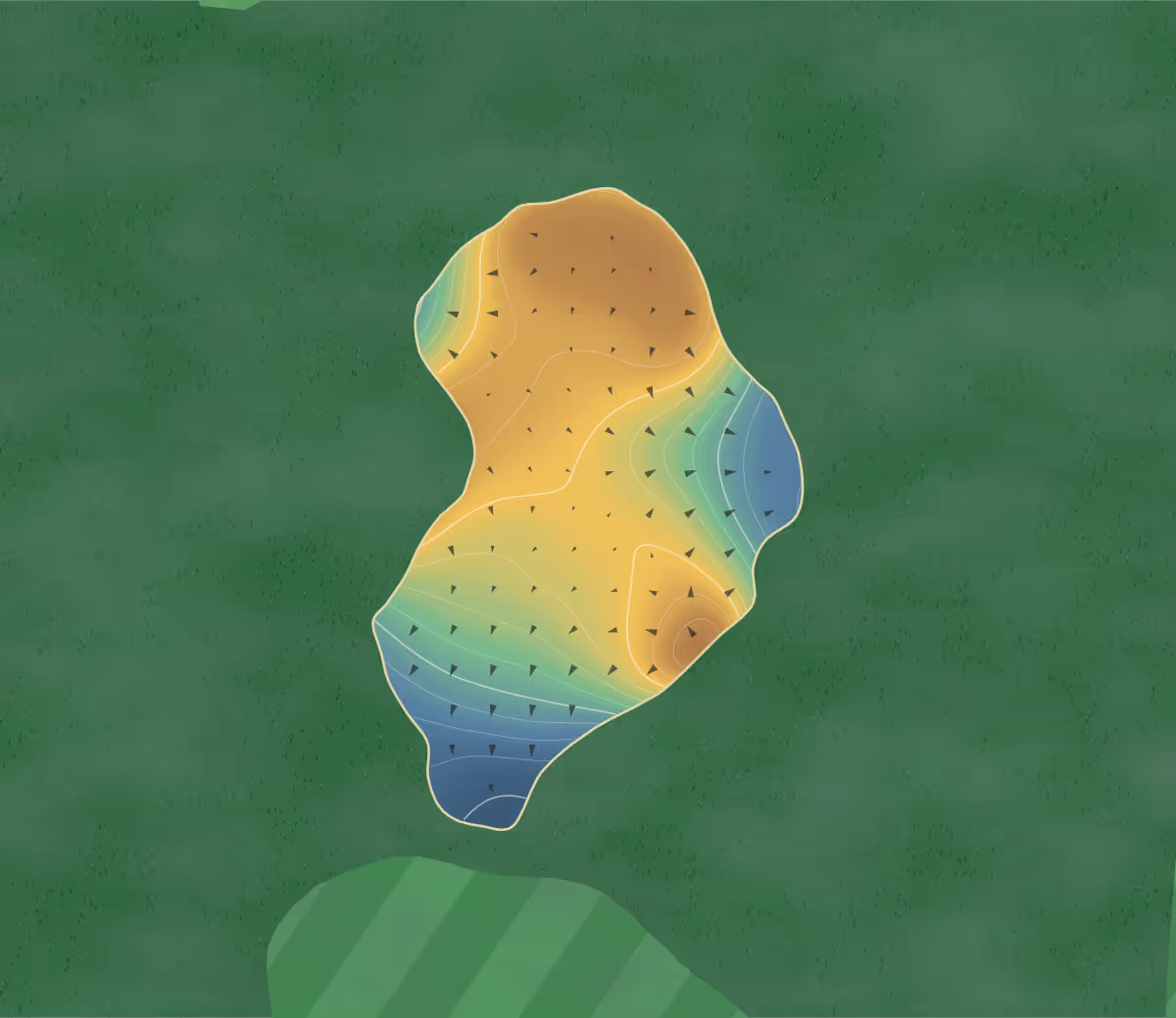 Green contour map of River Greens in West Lafayette, Ohio: 234 elevation contours at a 3-inch interval with fall-line arrows, traced from 1-meter lidar