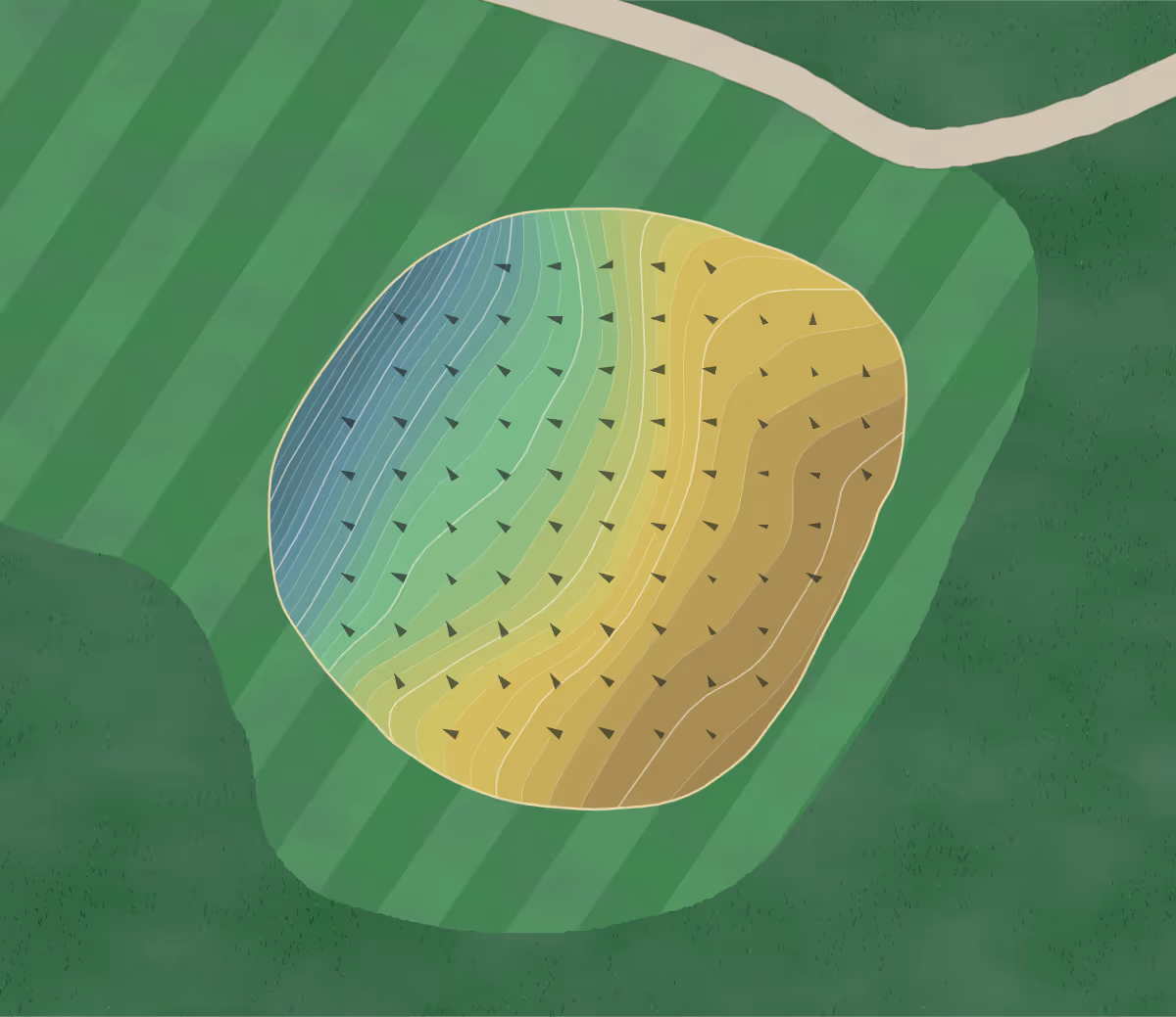 Green contour map of River Hills in Corpus Christi, Texas — 122 elevation contours at a 3-inch interval with fall-line arrows, traced from 1-meter lidar