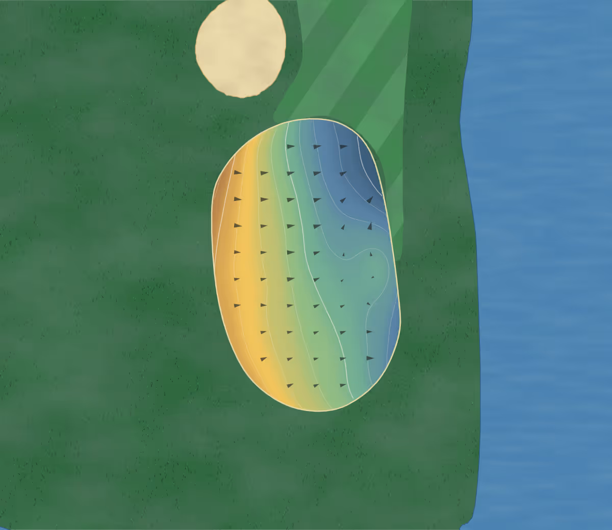 Green contour map of River Oaks GC in Nicolaus, California — 123 elevation contours at a 3-inch interval with fall-line arrows, traced from 1-meter lidar