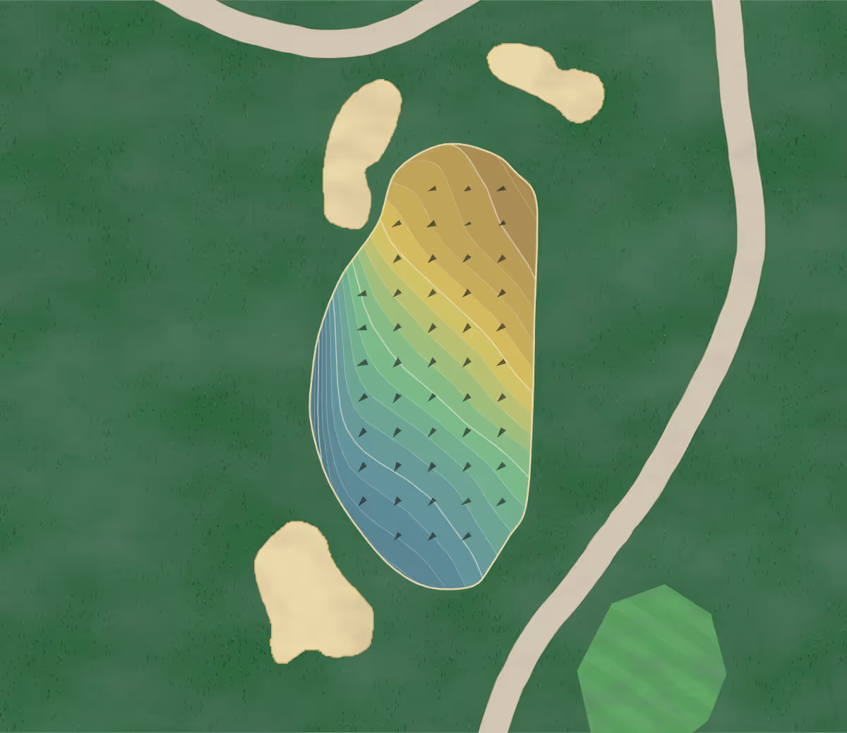 Green contour map of River Place in Austin, Texas — 216 elevation contours at a 3-inch interval with fall-line arrows, traced from 1-meter lidar