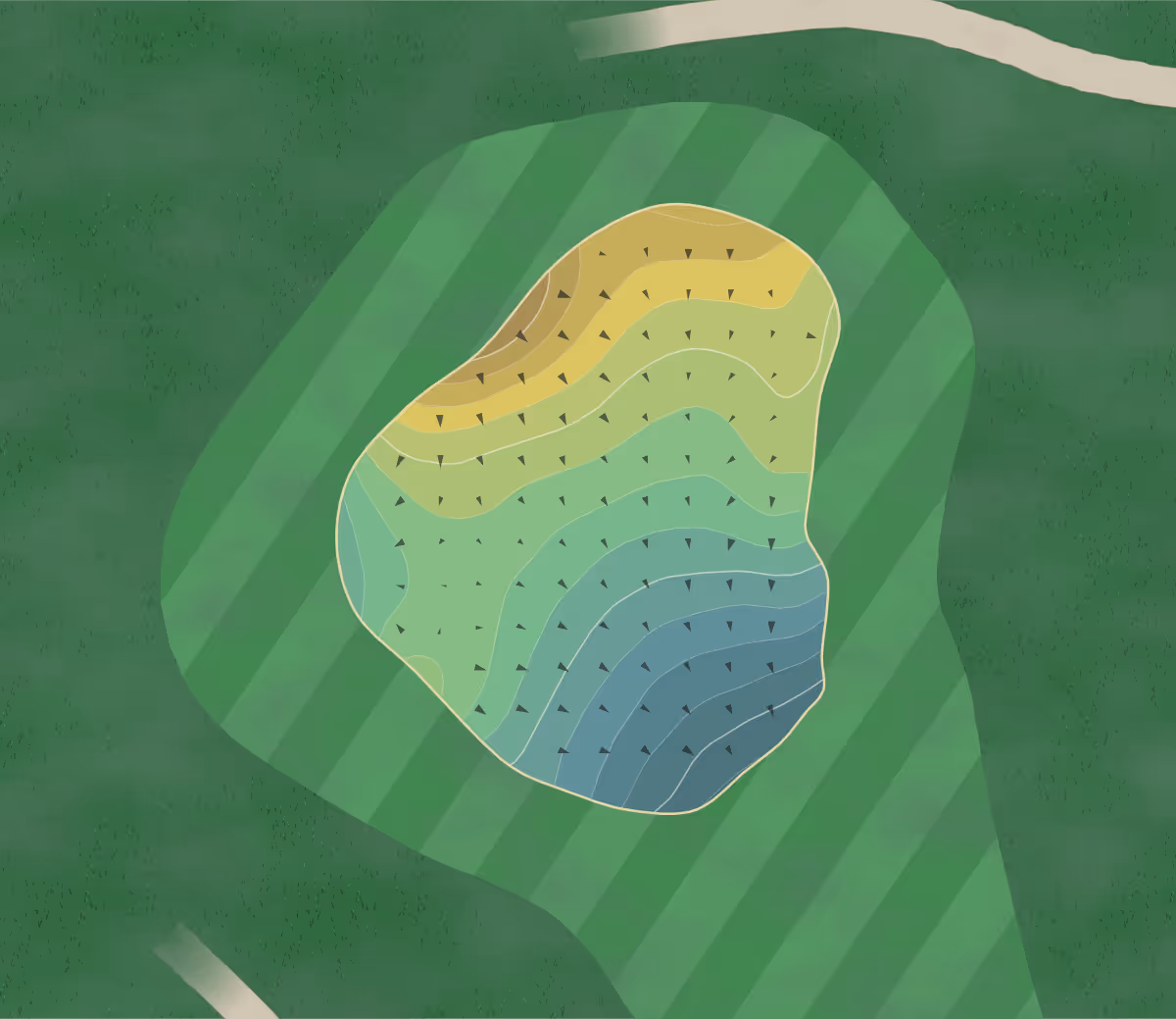 Green contour map of River Ridge in Garretson, South Dakota — 120 elevation contours at a 3-inch interval with fall-line arrows, traced from 1-meter lidar
