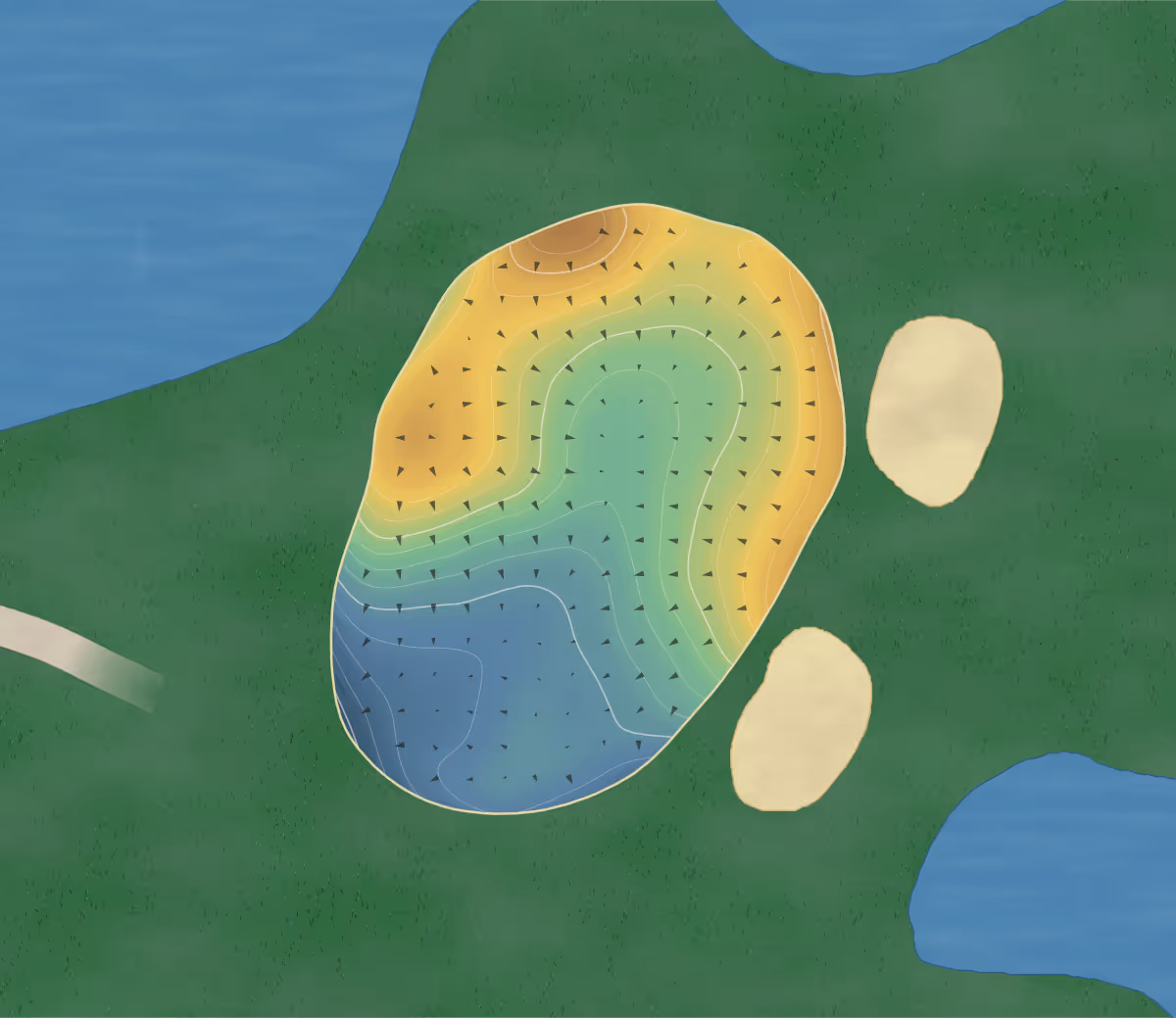Green contour map of River Ridge in Cremona, Canada — 185 elevation contours at a 8-centimeter interval with fall-line arrows, traced from 1-meter lidar