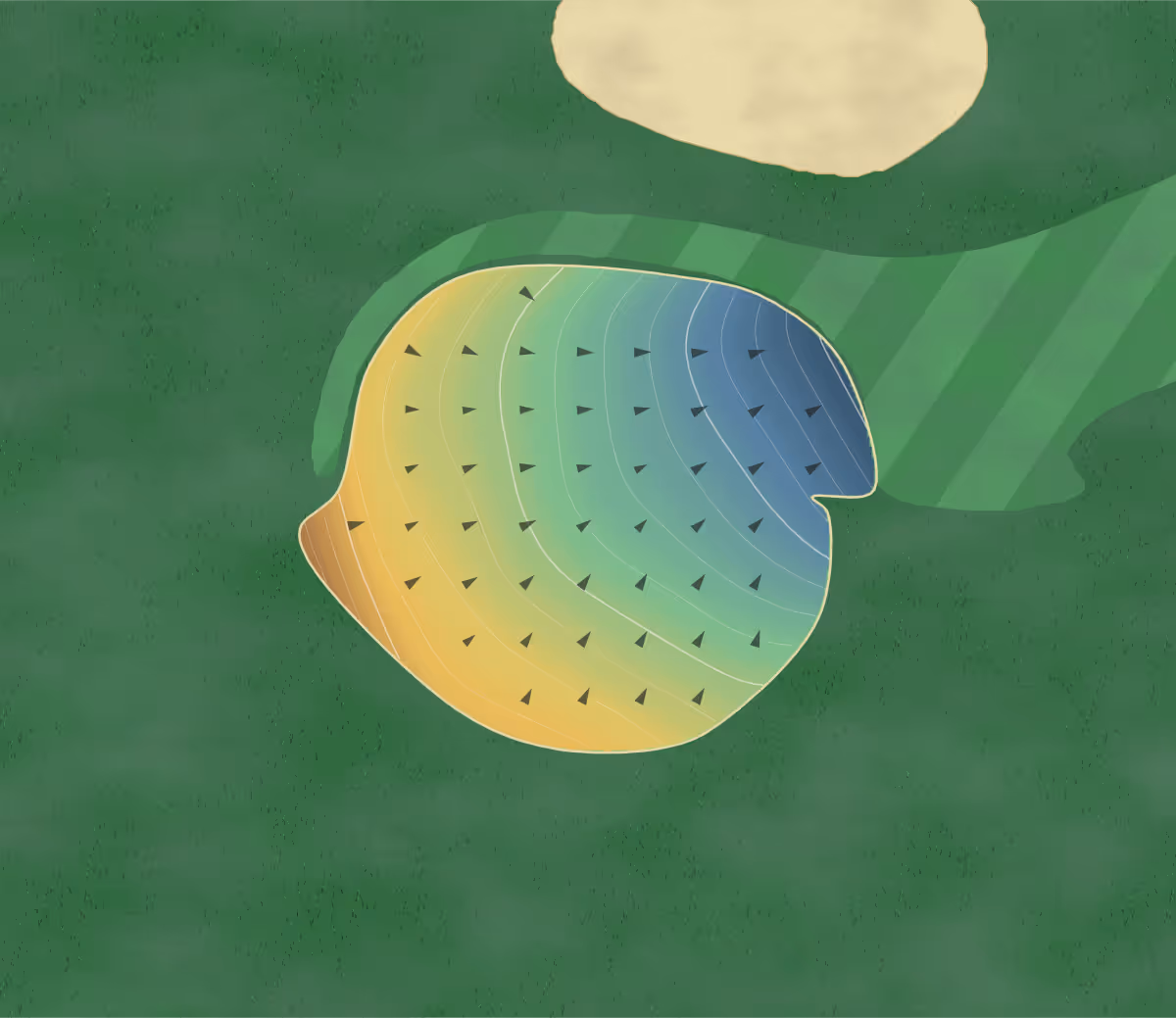 Green contour map of River Ridge in Platteville, Iowa: 73 elevation contours at a 3-inch interval with fall-line arrows, traced from 1-meter lidar