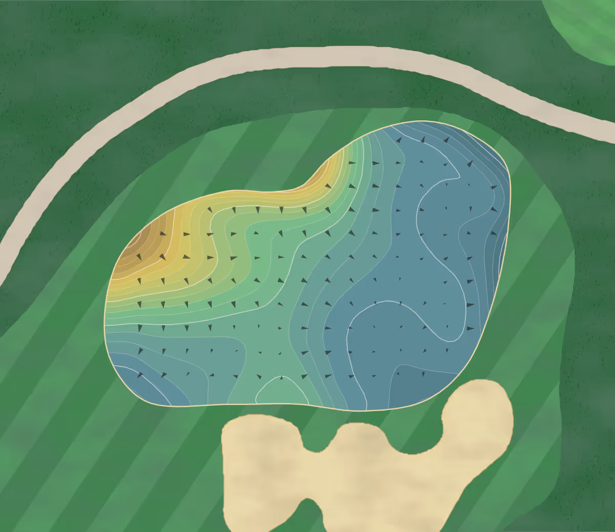 Green contour map of River Ridge Golf Club Vineyard in Oxnard, California — 474 elevation contours at a 3-inch interval with fall-line arrows, traced from 1-meter lidar