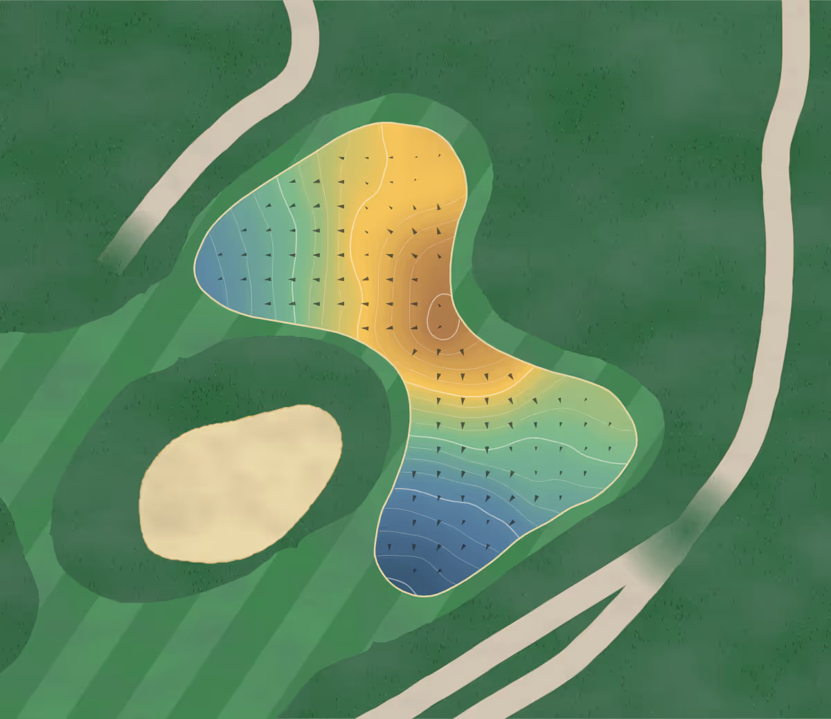 Green contour map of River Road in London, Canada — 188 elevation contours at a 8-centimeter interval with fall-line arrows, traced from 1-meter lidar