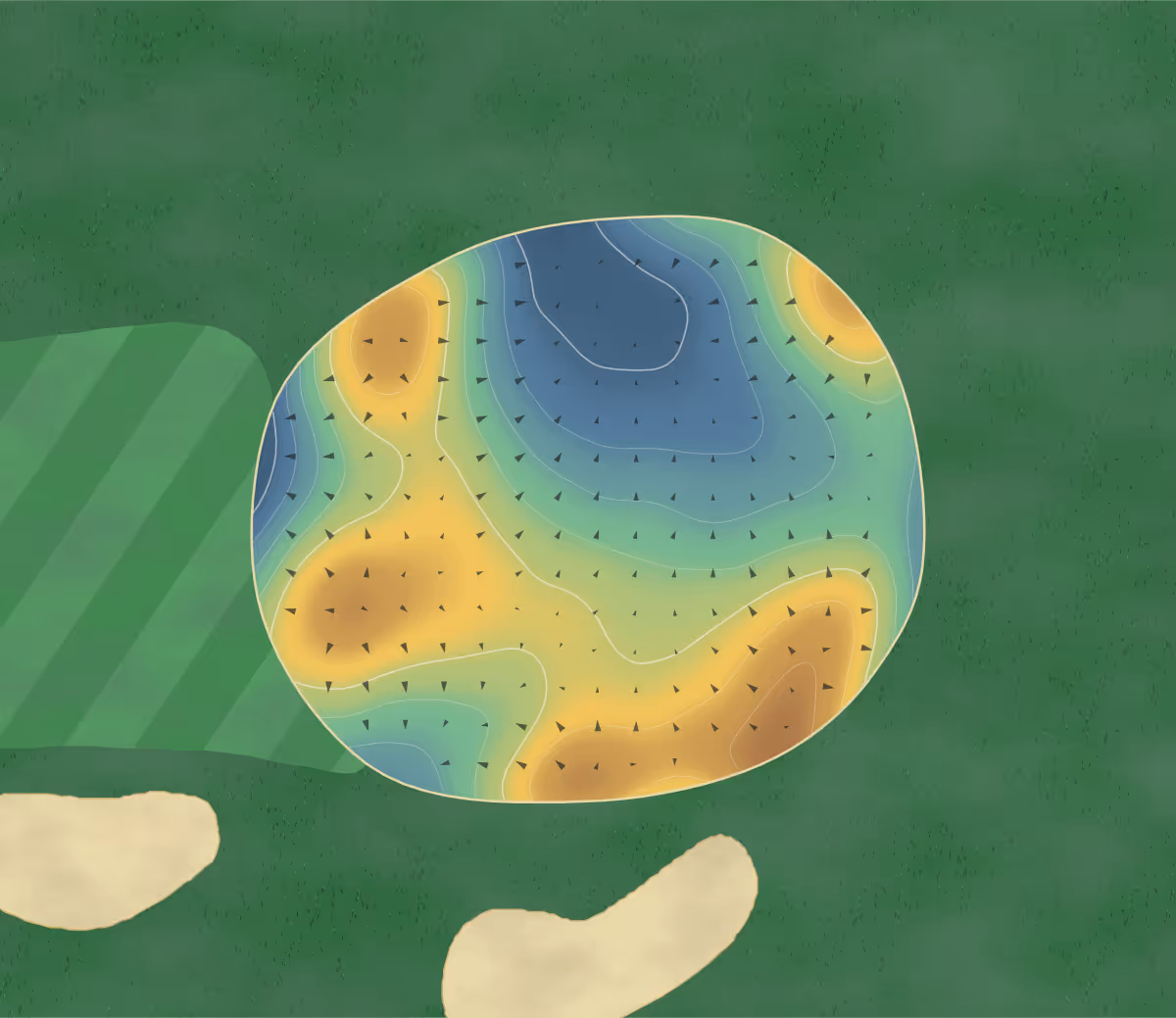Green contour map of River Spirit in Range Road 34, Canada — 94 elevation contours at a 8-centimeter interval with fall-line arrows, traced from 1-meter lidar