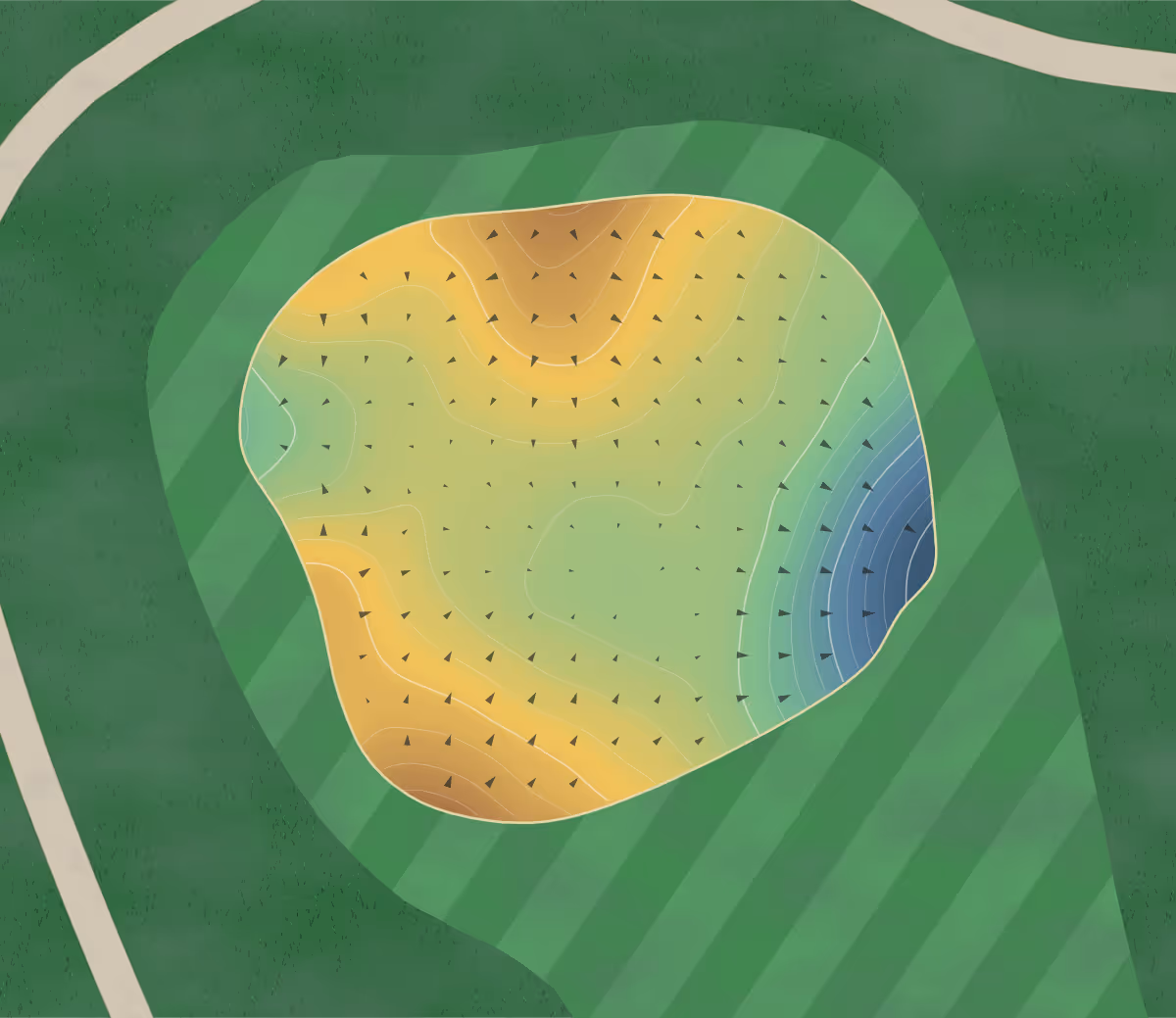 Green contour map of River Valley Ranch in Carbondale, Colorado: 213 elevation contours at a 3-inch interval with fall-line arrows, traced from 1-meter lidar