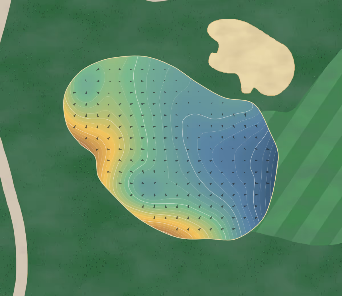 Green contour map of Riverbend in Exeter, Canada — 275 elevation contours at a 8-centimeter interval with fall-line arrows, traced from 1-meter lidar