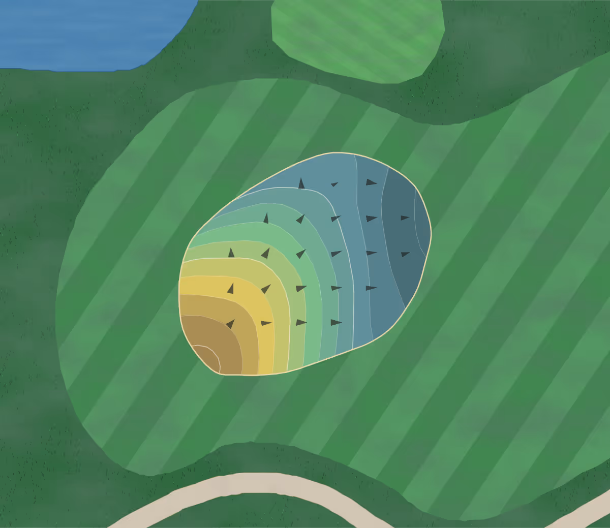 Green contour map of Riverbend Golf in Buckhannon, West Virginia — 68 elevation contours at a 3-inch interval with fall-line arrows, traced from 1-meter lidar