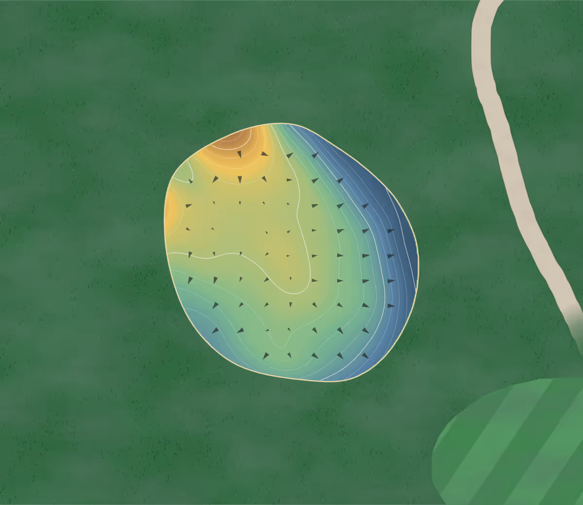Green contour map of Riverbend in Morrisburg, Canada — 149 elevation contours at a 8-centimeter interval with fall-line arrows, traced from 1-meter lidar