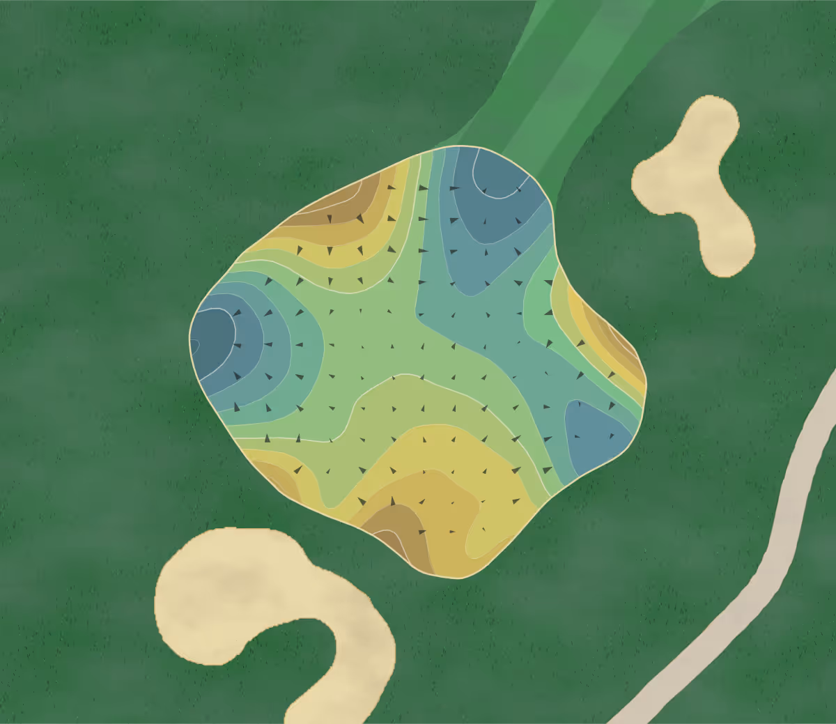 Green contour map of Rivercrest GC in Phoenixville, Pennsylvania — 231 elevation contours at a 3-inch interval with fall-line arrows, traced from 1-meter lidar