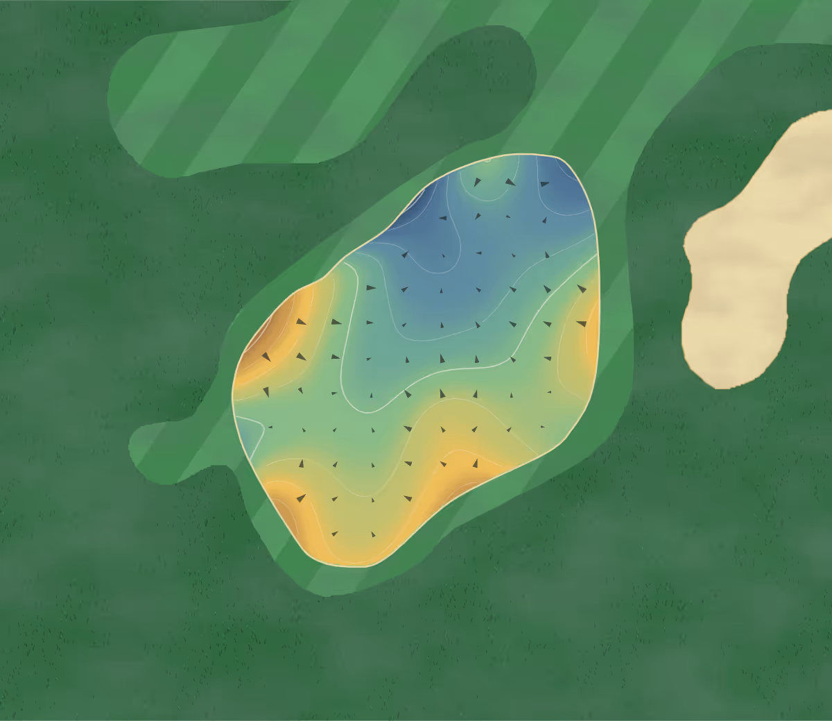 Green contour map of Rivercut Gc in Springfield, Missouri — 190 elevation contours at a 3-inch interval with fall-line arrows, traced from 1-meter lidar