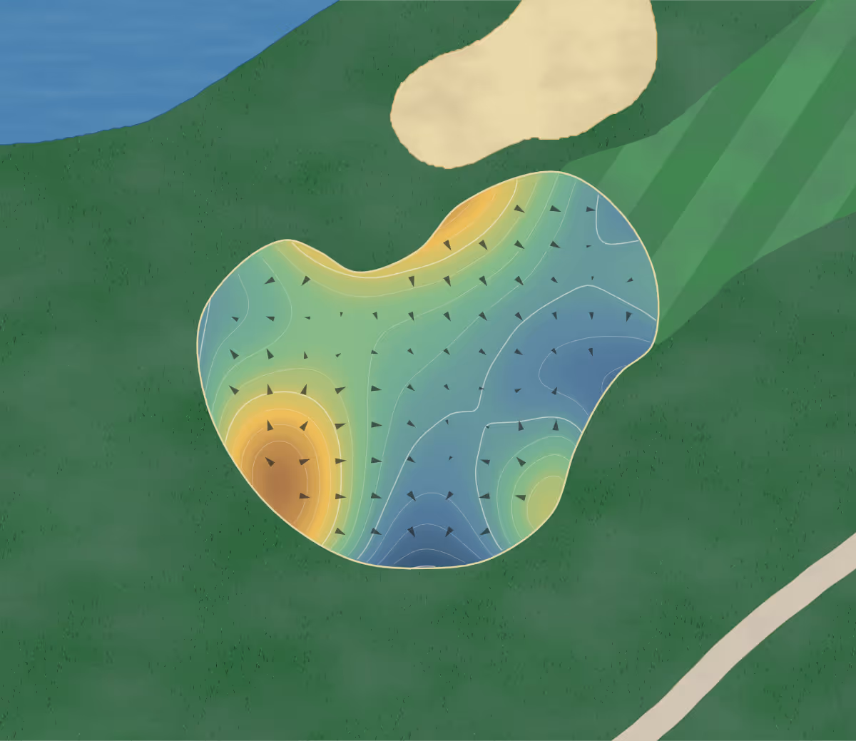 Green contour map of RiverEdge in Puslinch, Canada — 49 elevation contours at a 8-centimeter interval with fall-line arrows, traced from 1-meter lidar